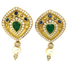 Used Pear Shaped Emerald, Diamond, and Sapphire 18k Yellow Gold Earrings