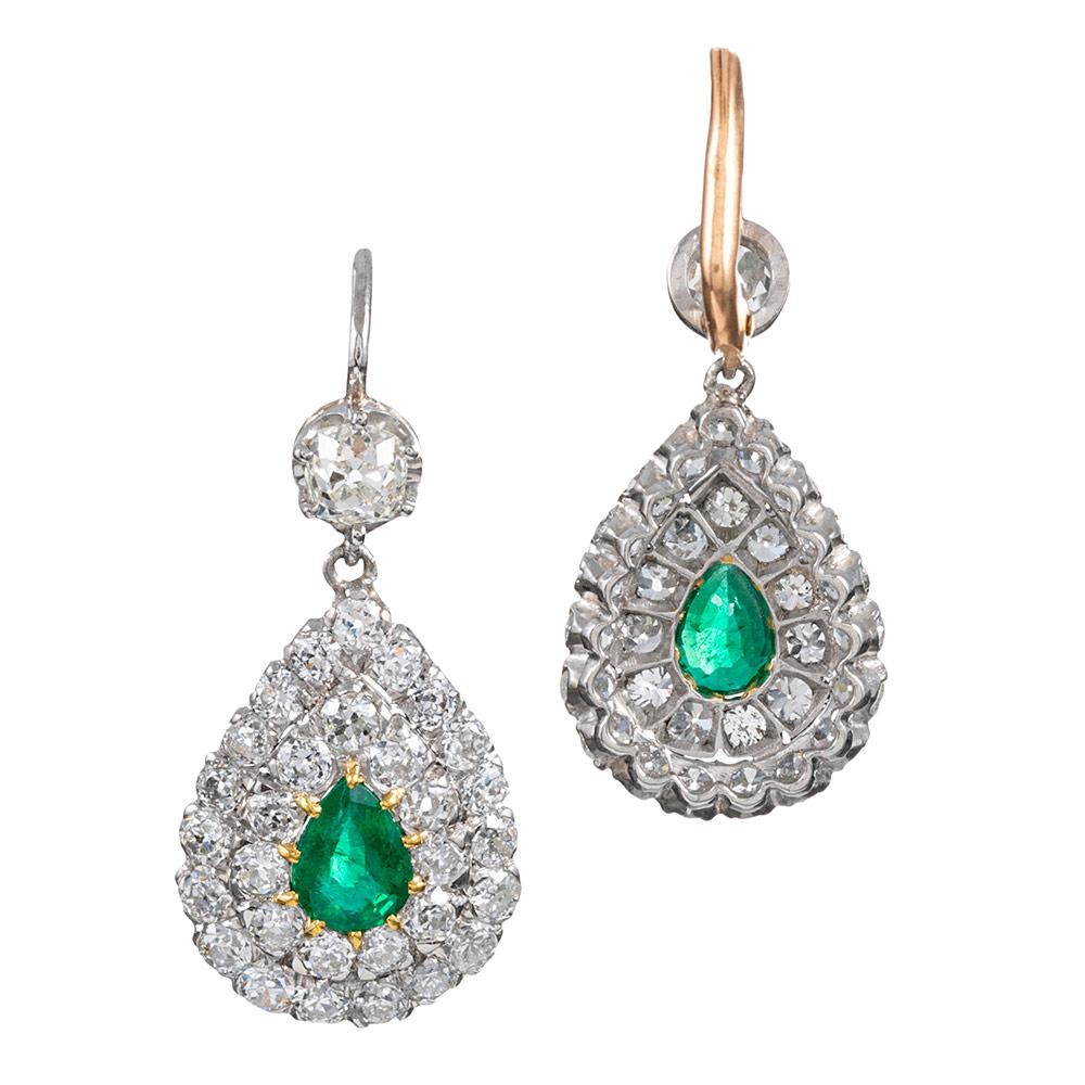 Pear Cut Pear-Shaped Emerald and Diamond Drop Earrings