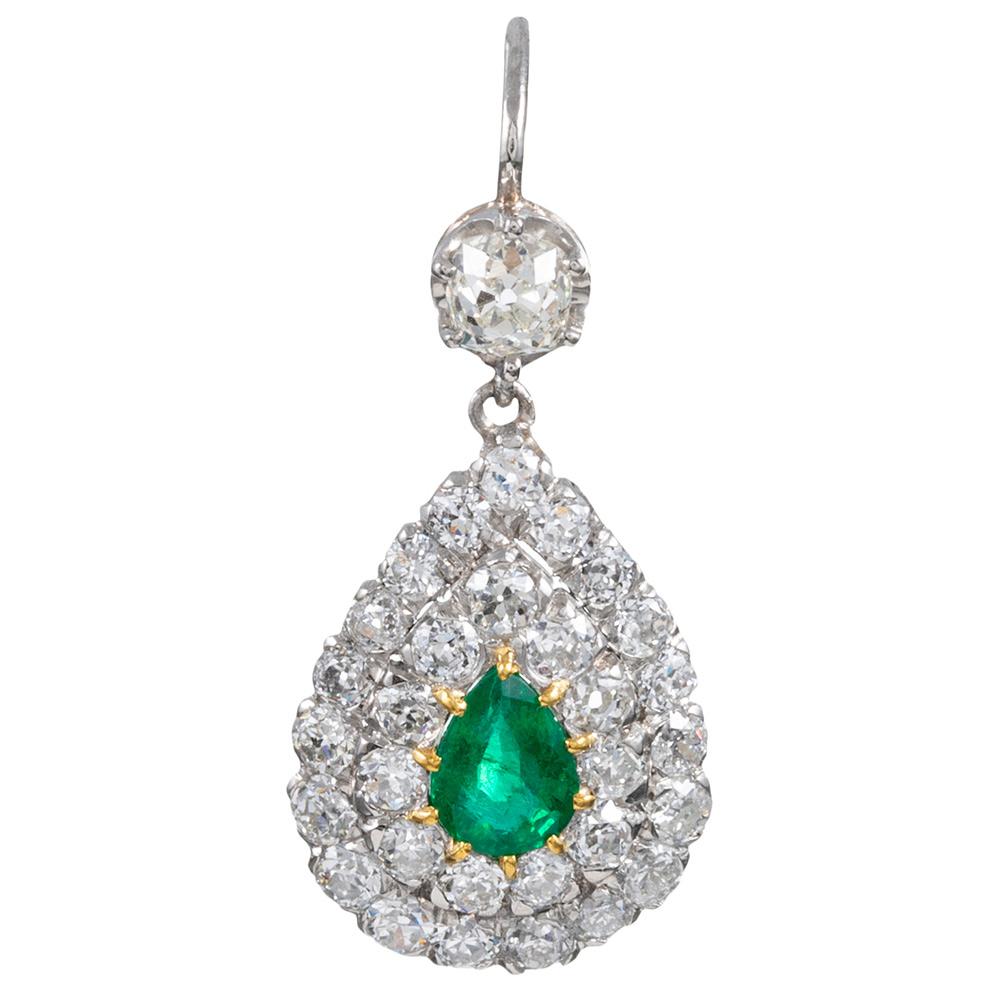 Pear-Shaped Emerald and Diamond Drop Earrings In Good Condition In Carmel-by-the-Sea, CA