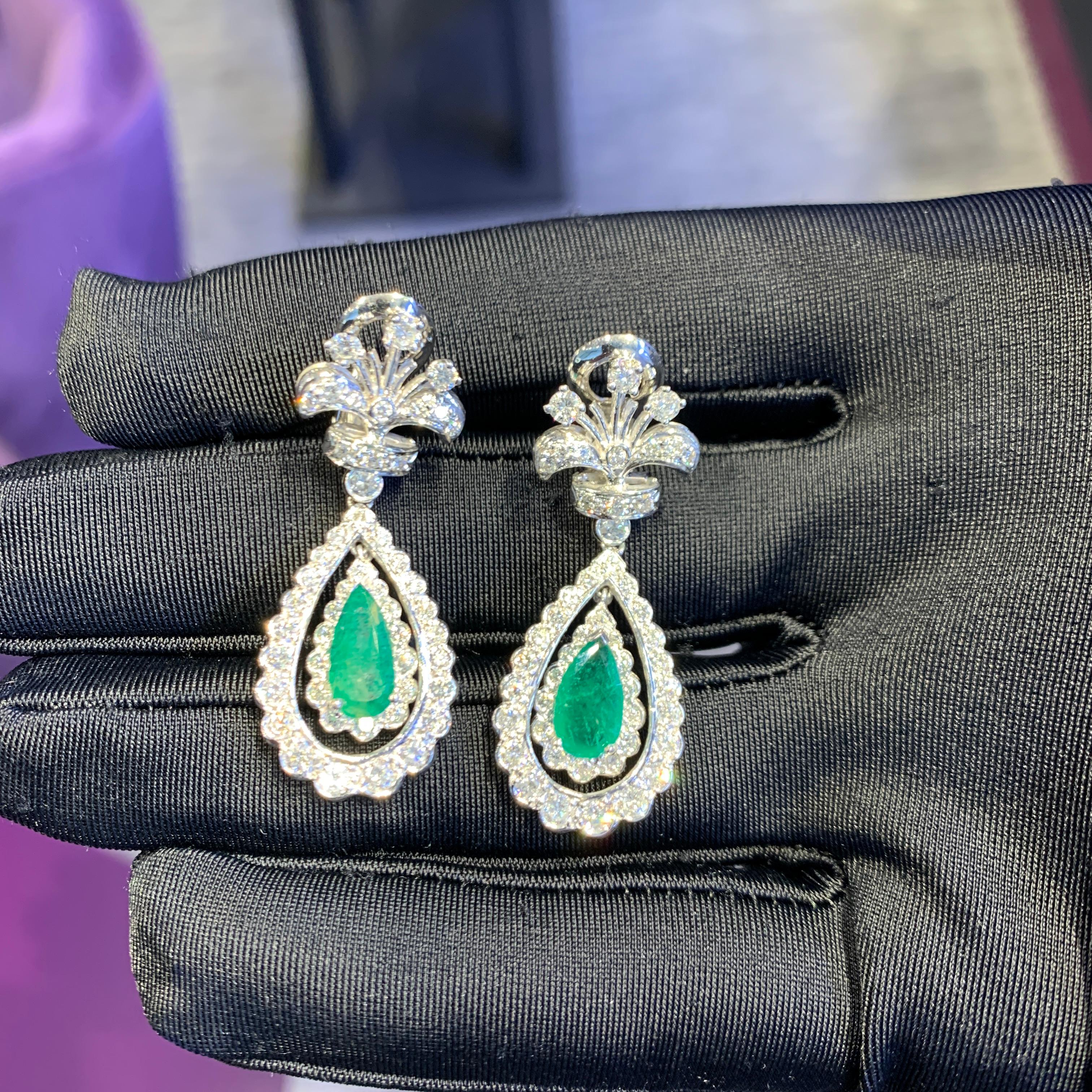 Pear Cut Pear Shaped Emerald & Diamond Earrings For Sale