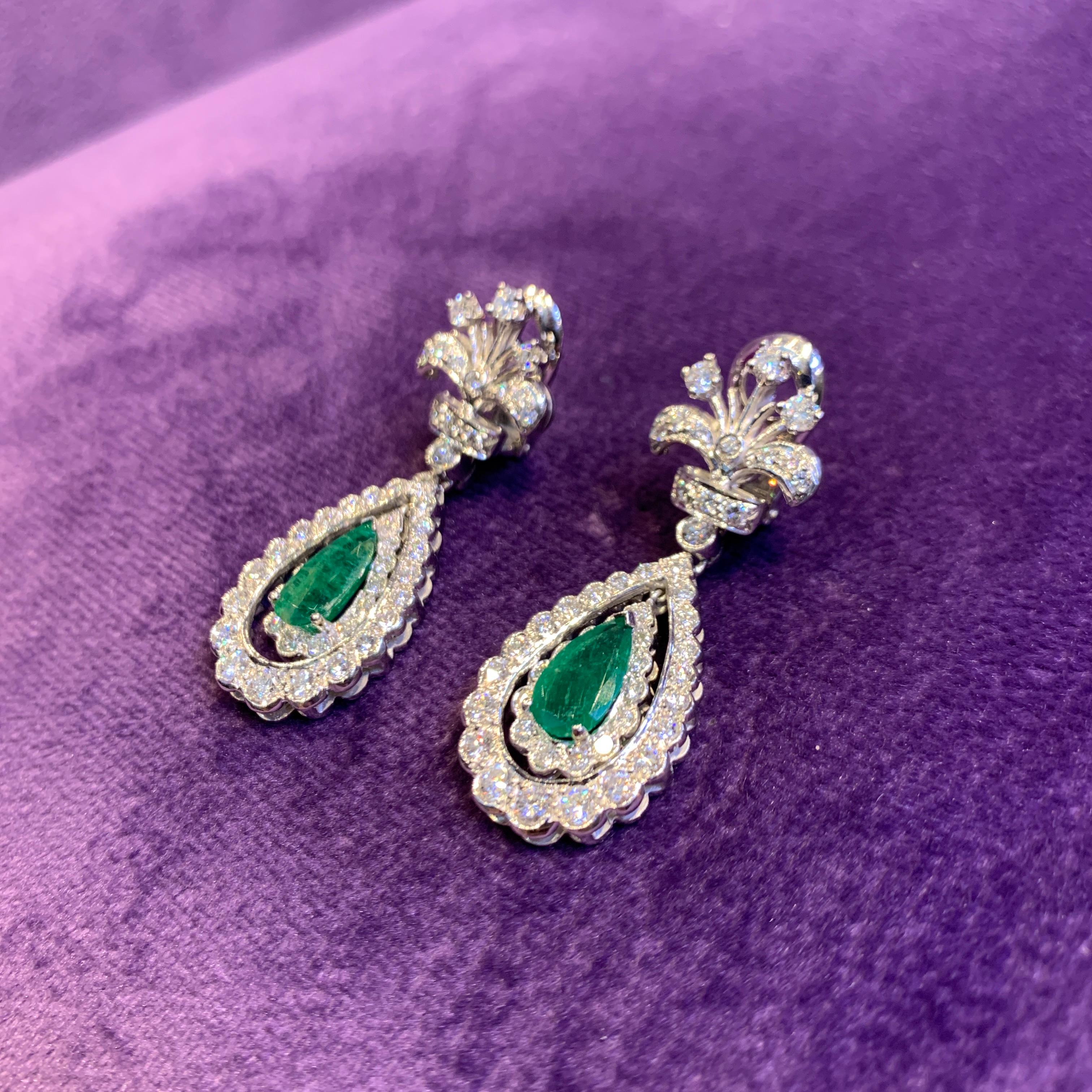 Women's Pear Shaped Emerald & Diamond Earrings For Sale