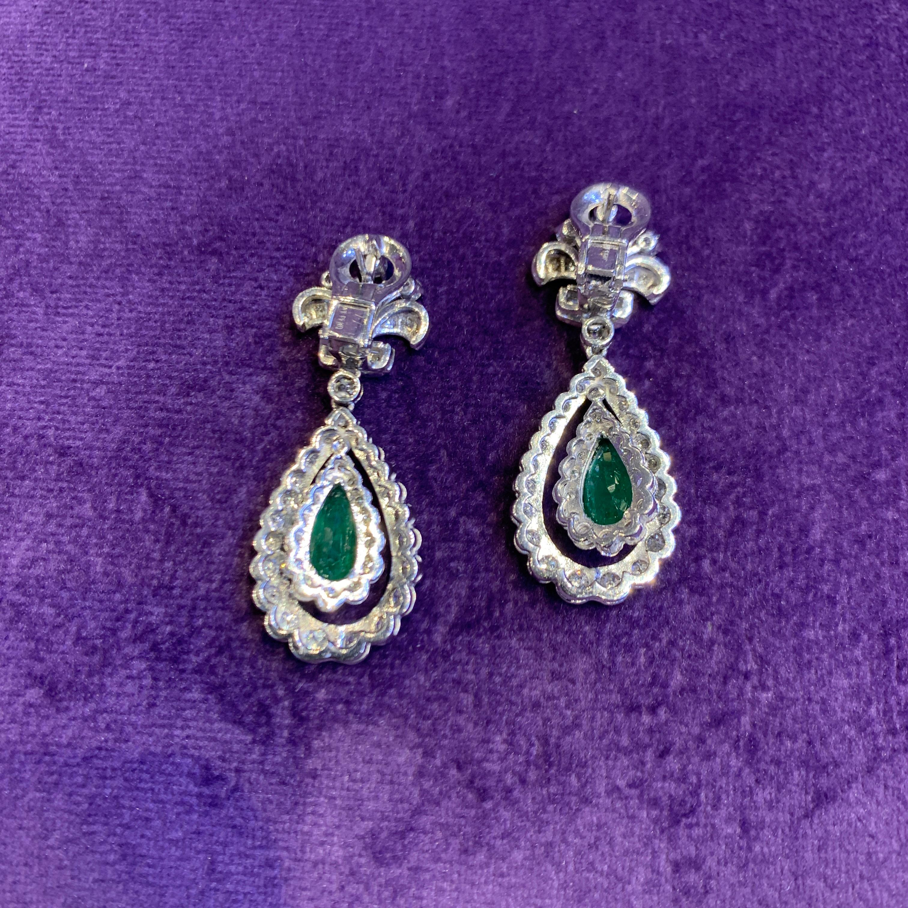 Pear Shaped Emerald & Diamond Earrings For Sale 1