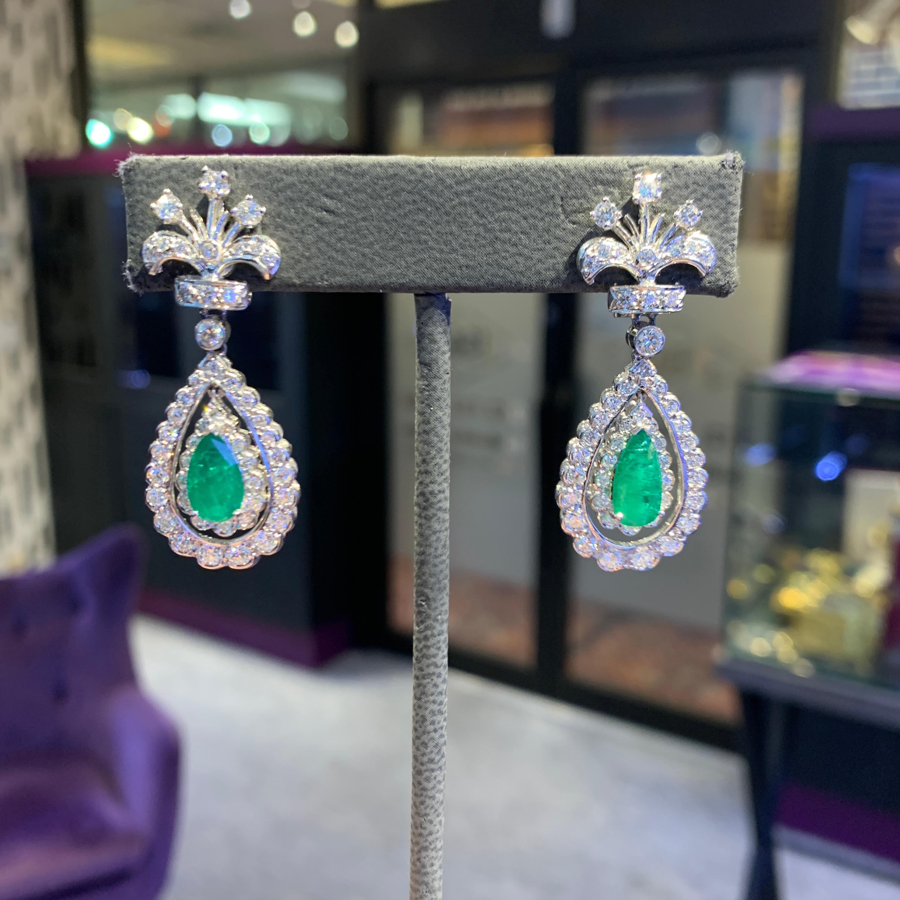 Pear Shaped Emerald & Diamond Earrings For Sale 2