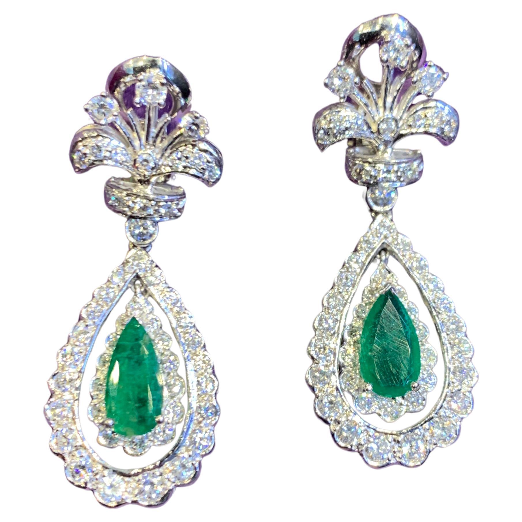 Pear Shaped Emerald & Diamond Earrings For Sale