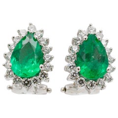 Pear Shaped Emerald Diamond Halo 18 Karat White Gold Earrings