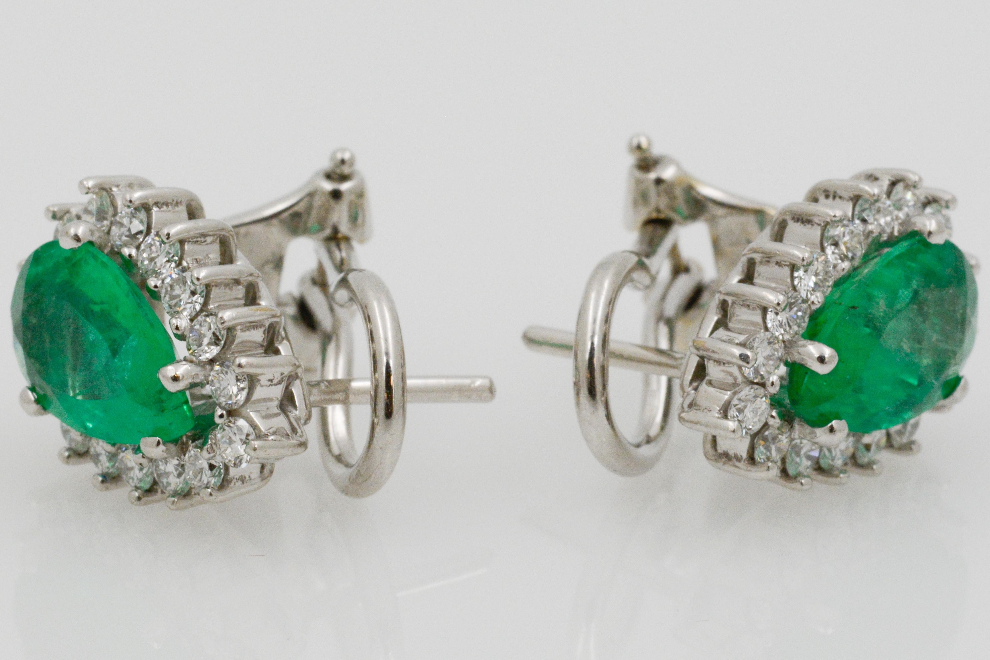 Pear Shaped Emerald Diamond Halo 18 Karat White Gold Earrings 4