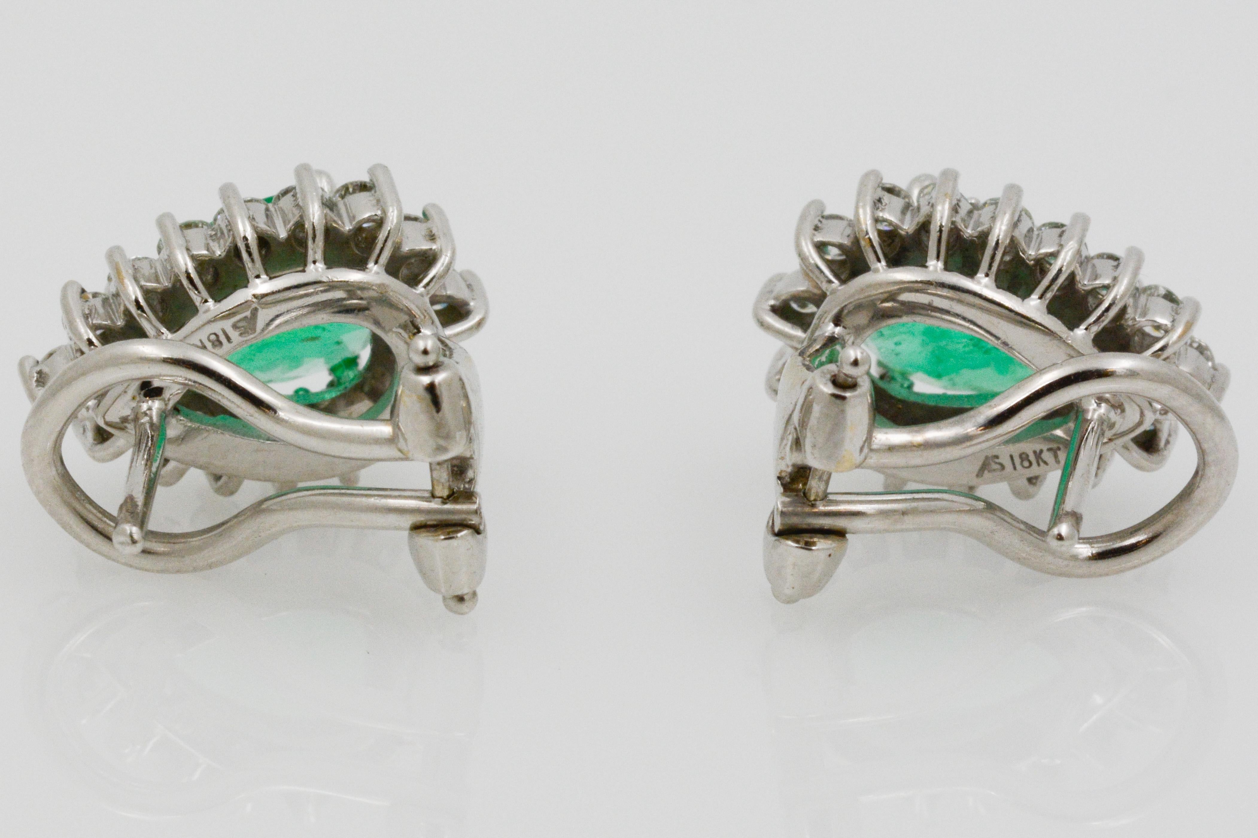 Pear Shaped Emerald Diamond Halo 18 Karat White Gold Earrings 6