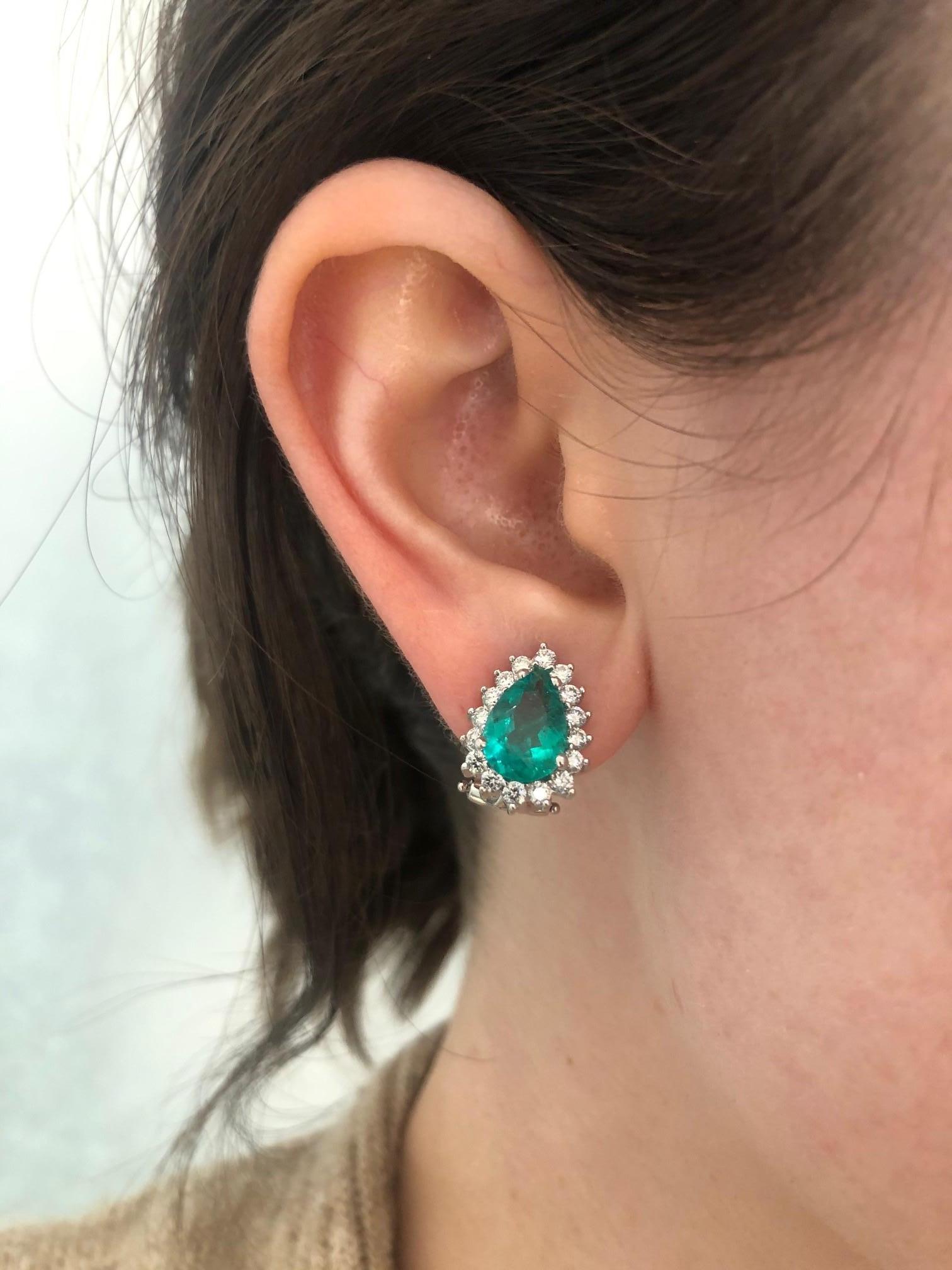 Pear Shaped Emerald Diamond Halo 18 Karat White Gold Earrings 8