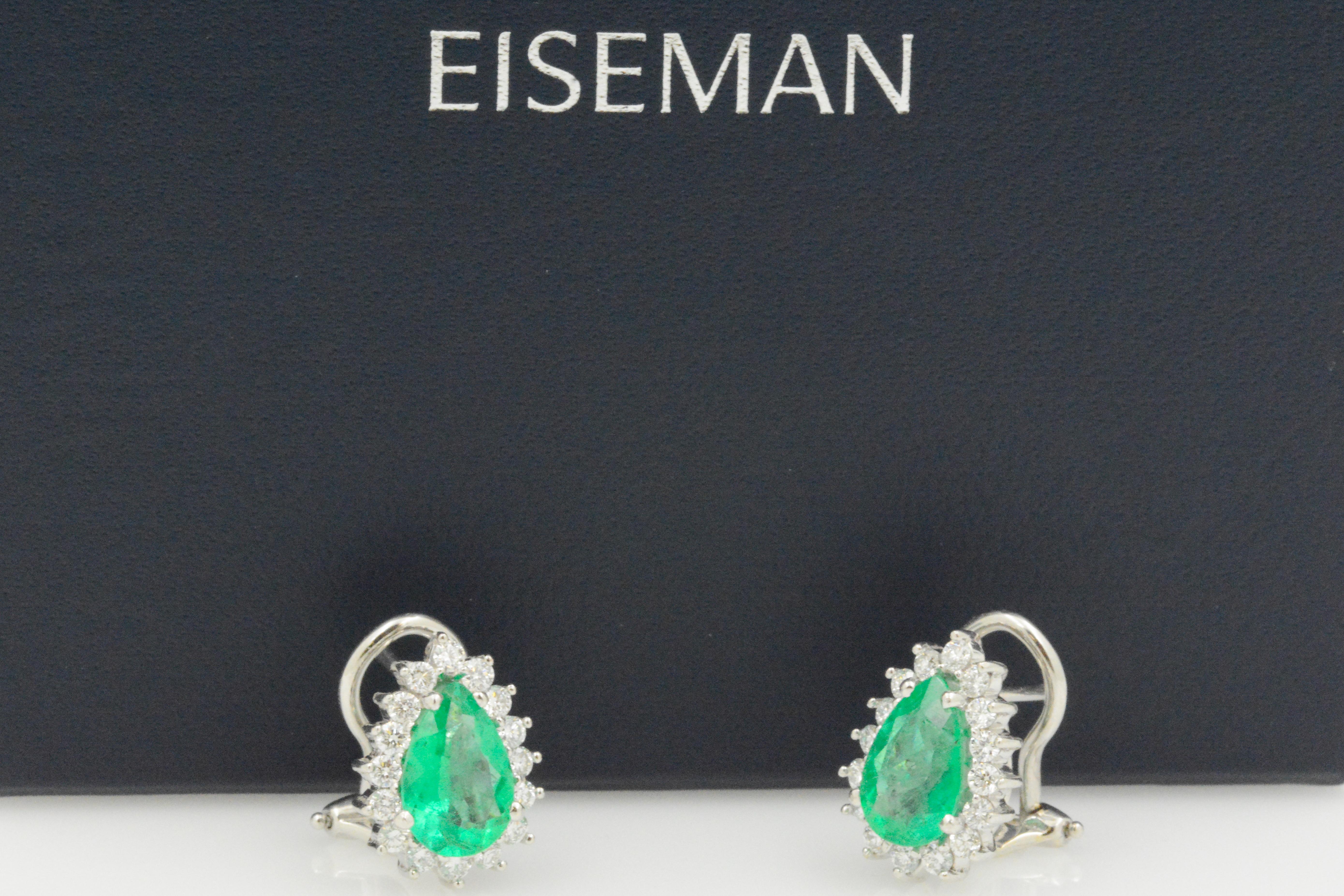 Modern Pear Shaped Emerald Diamond Halo 18 Karat White Gold Earrings
