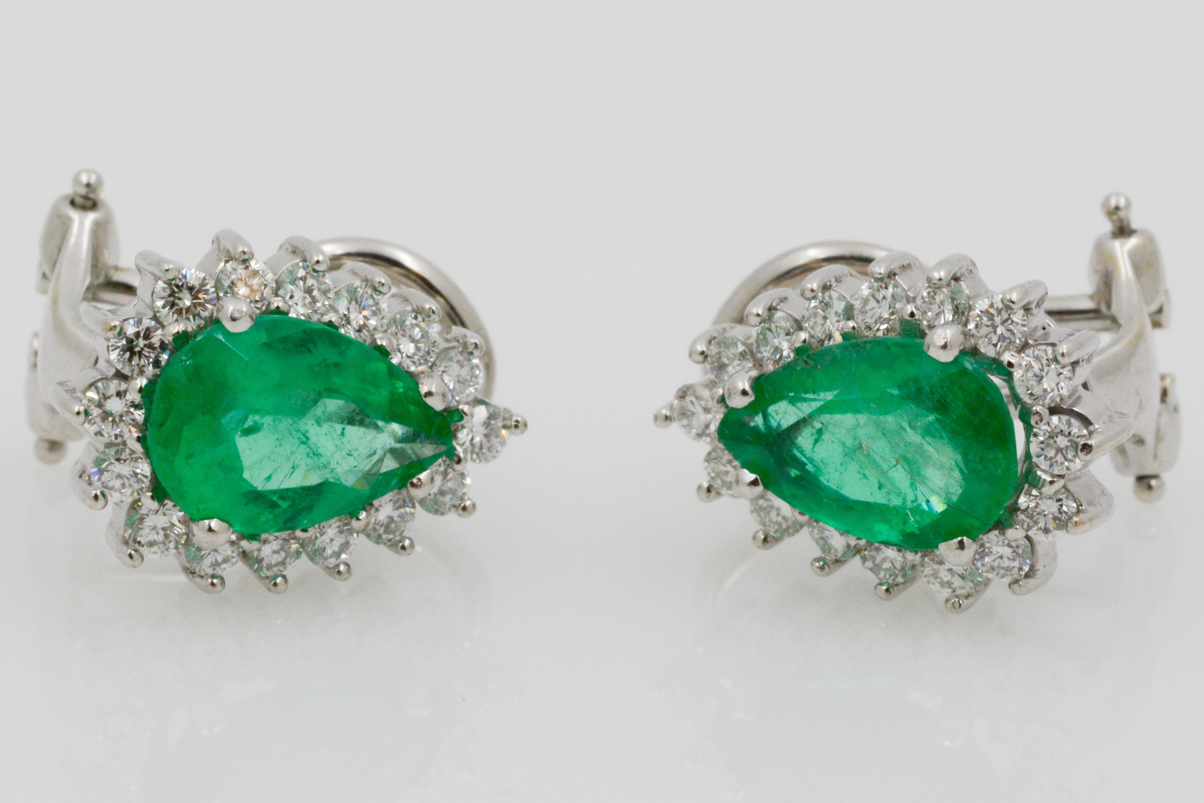 Pear Cut Pear Shaped Emerald Diamond Halo 18 Karat White Gold Earrings