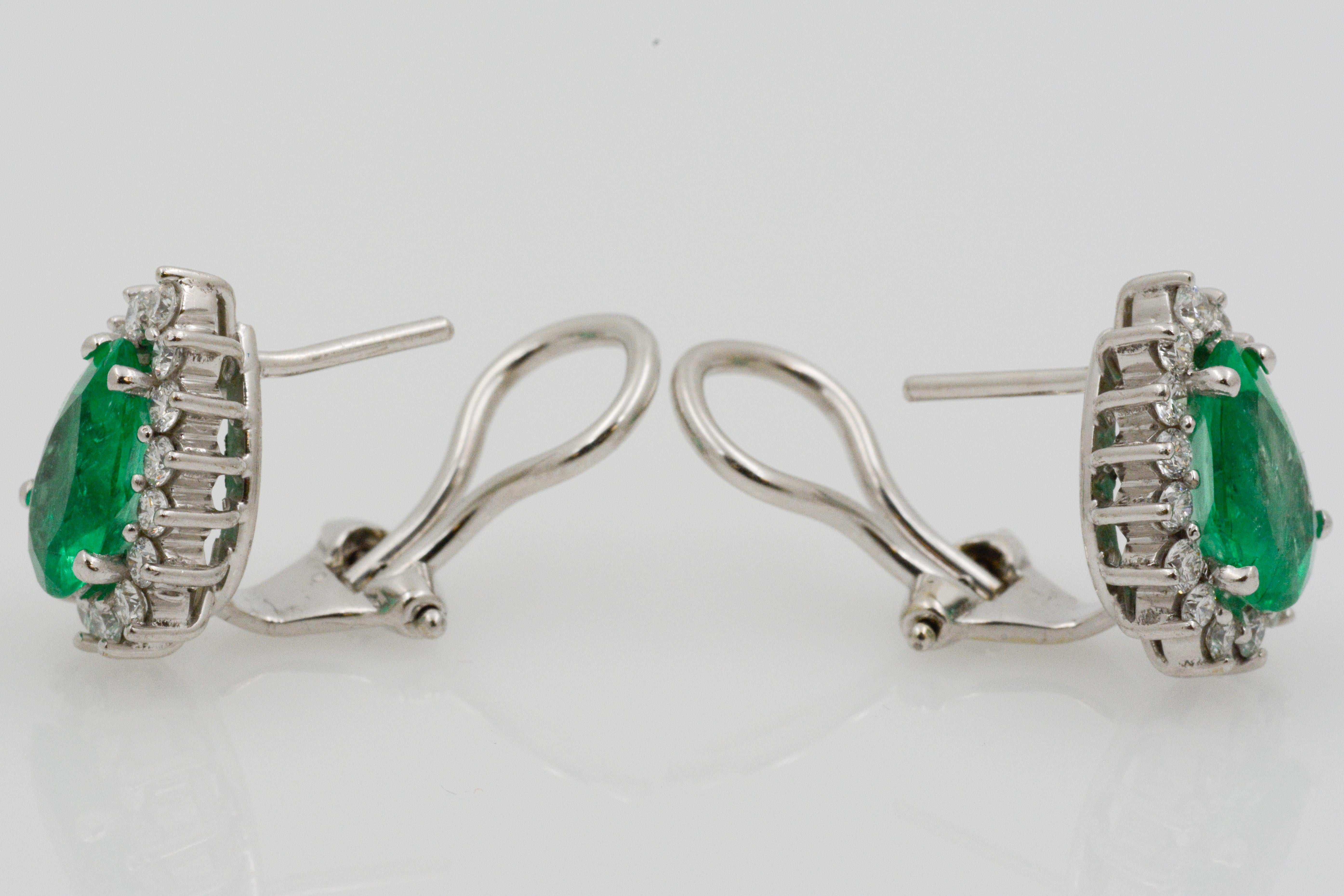 Pear Shaped Emerald Diamond Halo 18 Karat White Gold Earrings 3