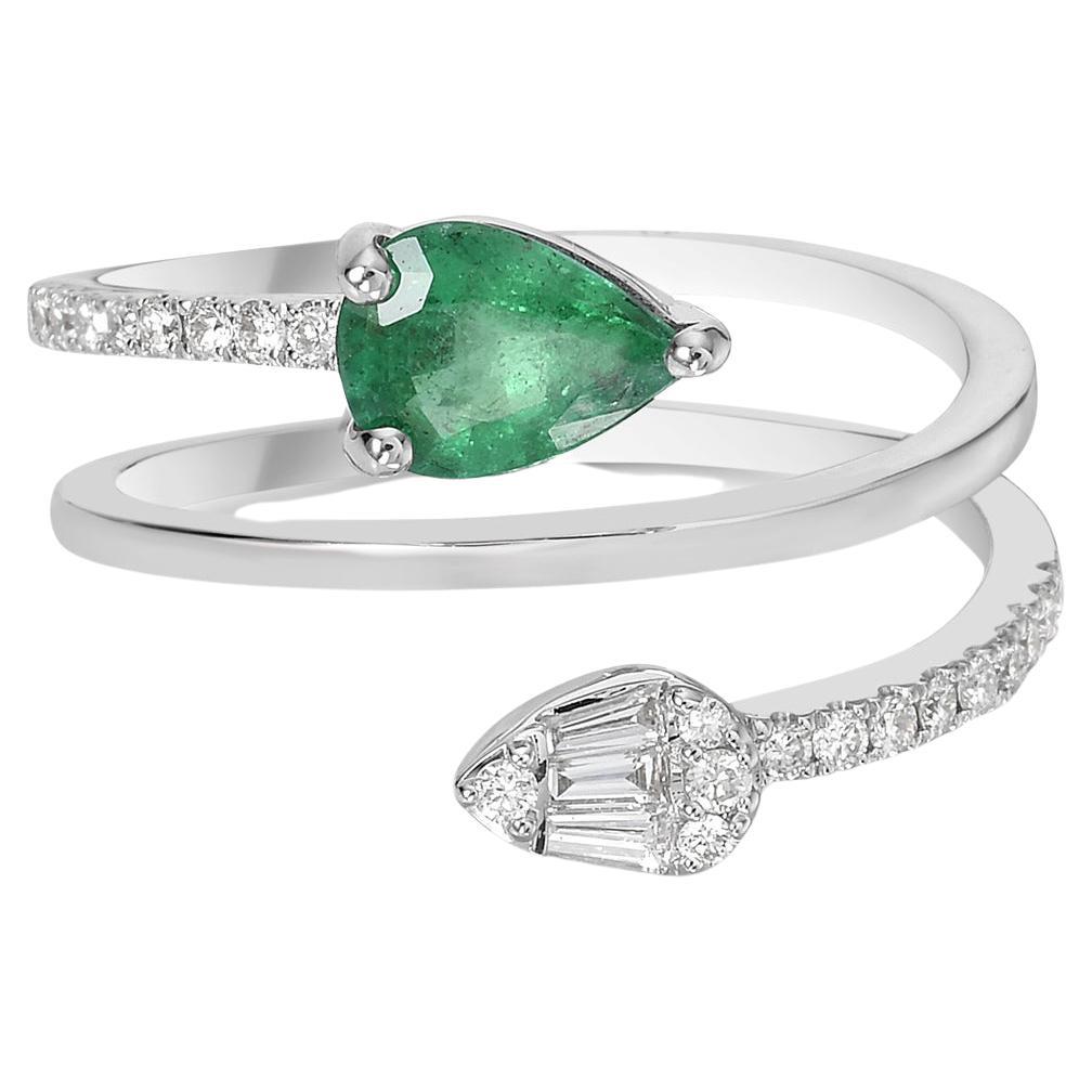 Pear Shaped Emerald & Diamond Spiral Ring Accented With Pave Diamonds