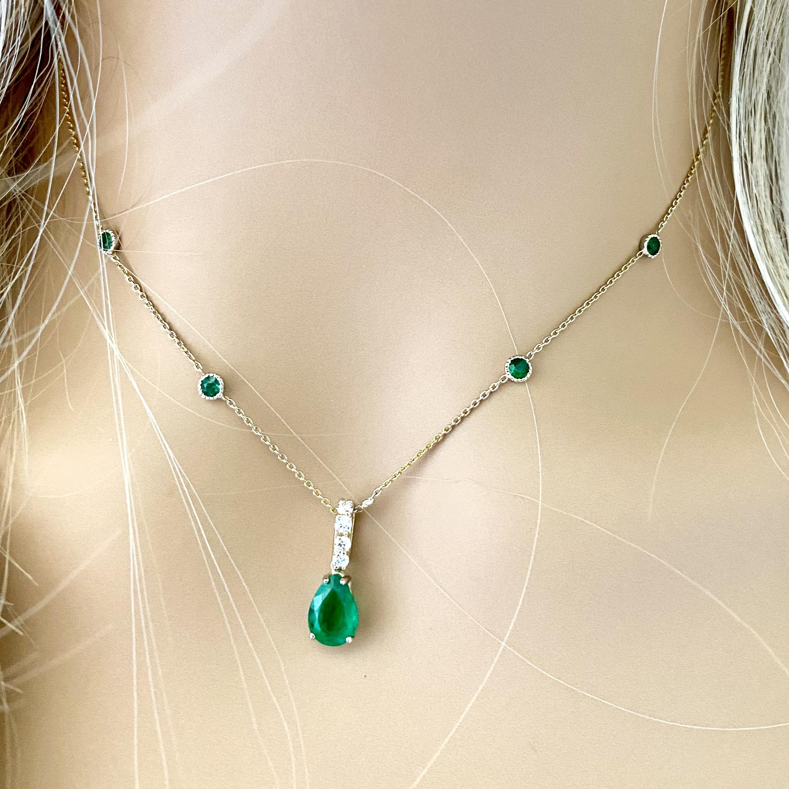 Modernist Pear Shaped Emerald Drop Diamond Bail Bezel Emerald Stations Necklace Pendant