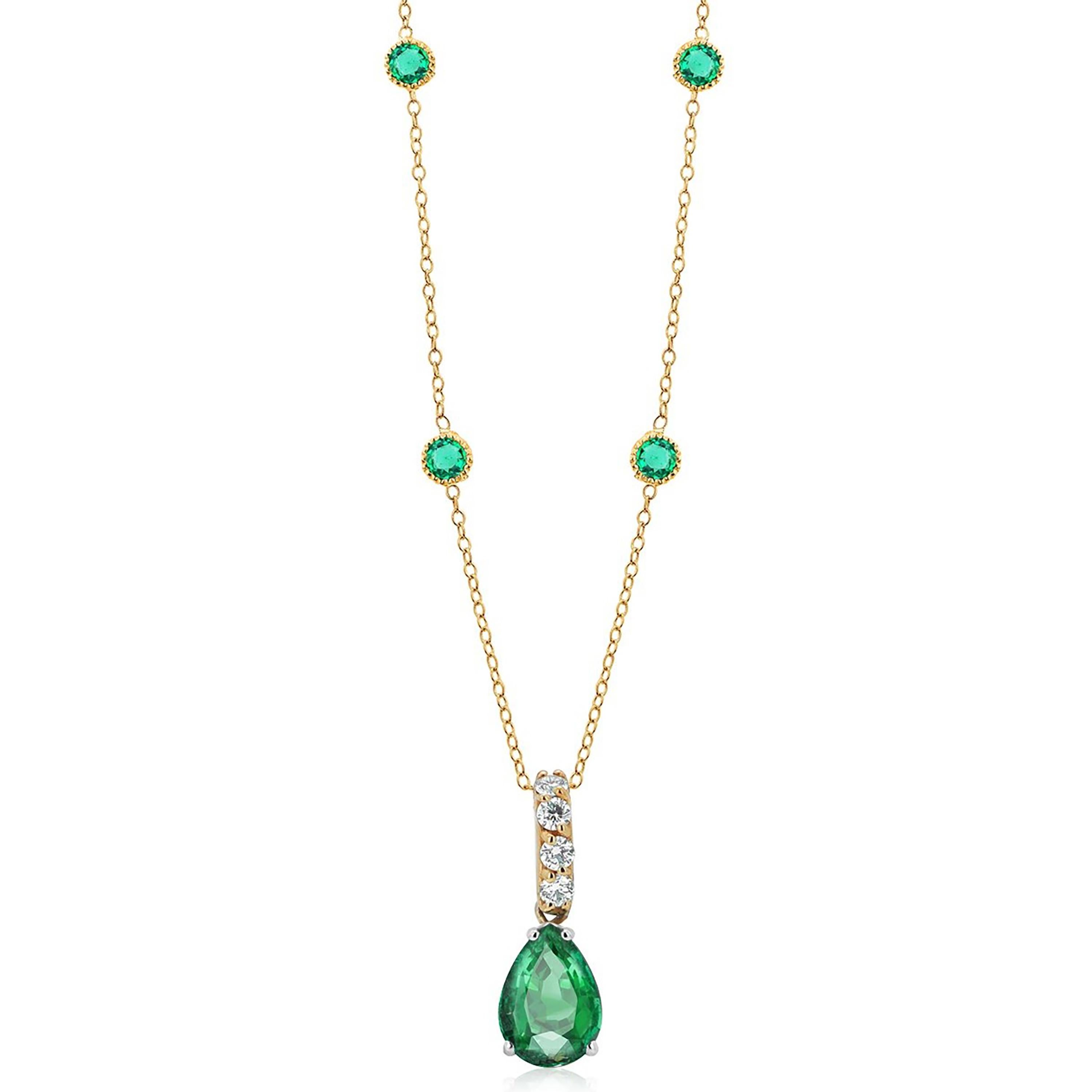 Pear Cut Pear Shaped Emerald Drop Diamond Bail Bezel Emerald Stations Necklace Pendant