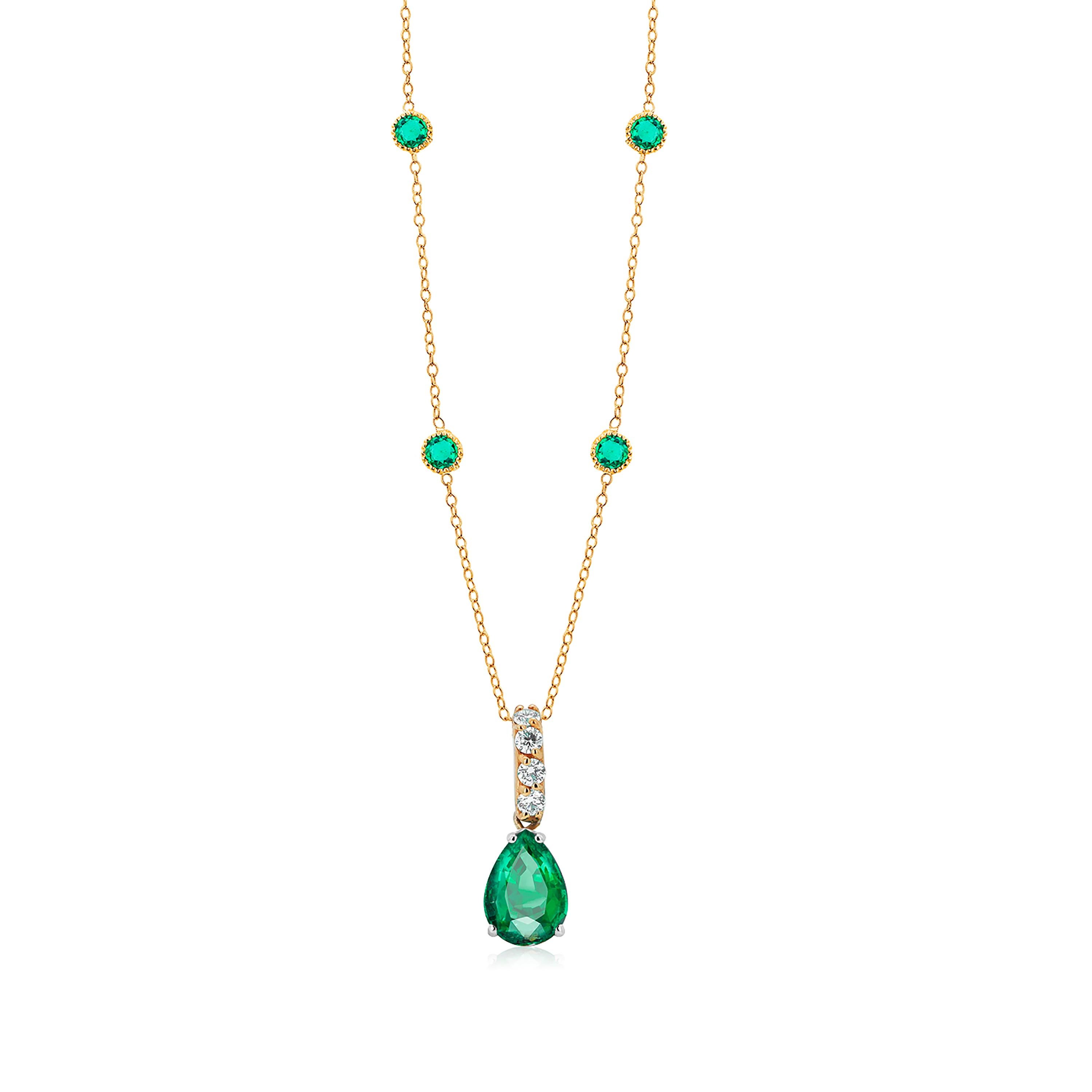 Women's or Men's Pear Shaped Emerald Drop Diamond Bail Bezel Emerald Stations Necklace Pendant
