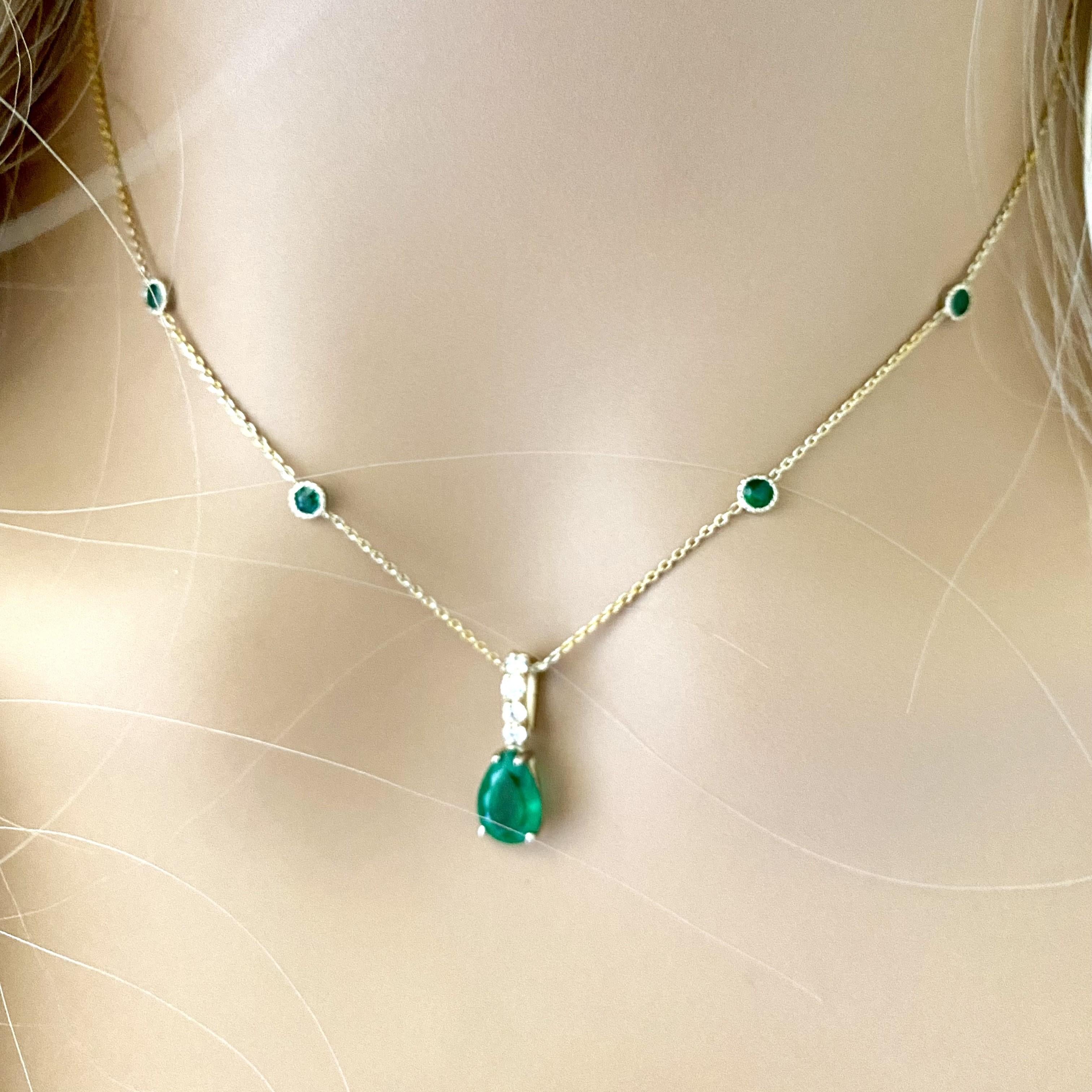 Pear Shaped Emerald Drop Diamond Bail Bezel Emerald Stations Necklace Pendant 1