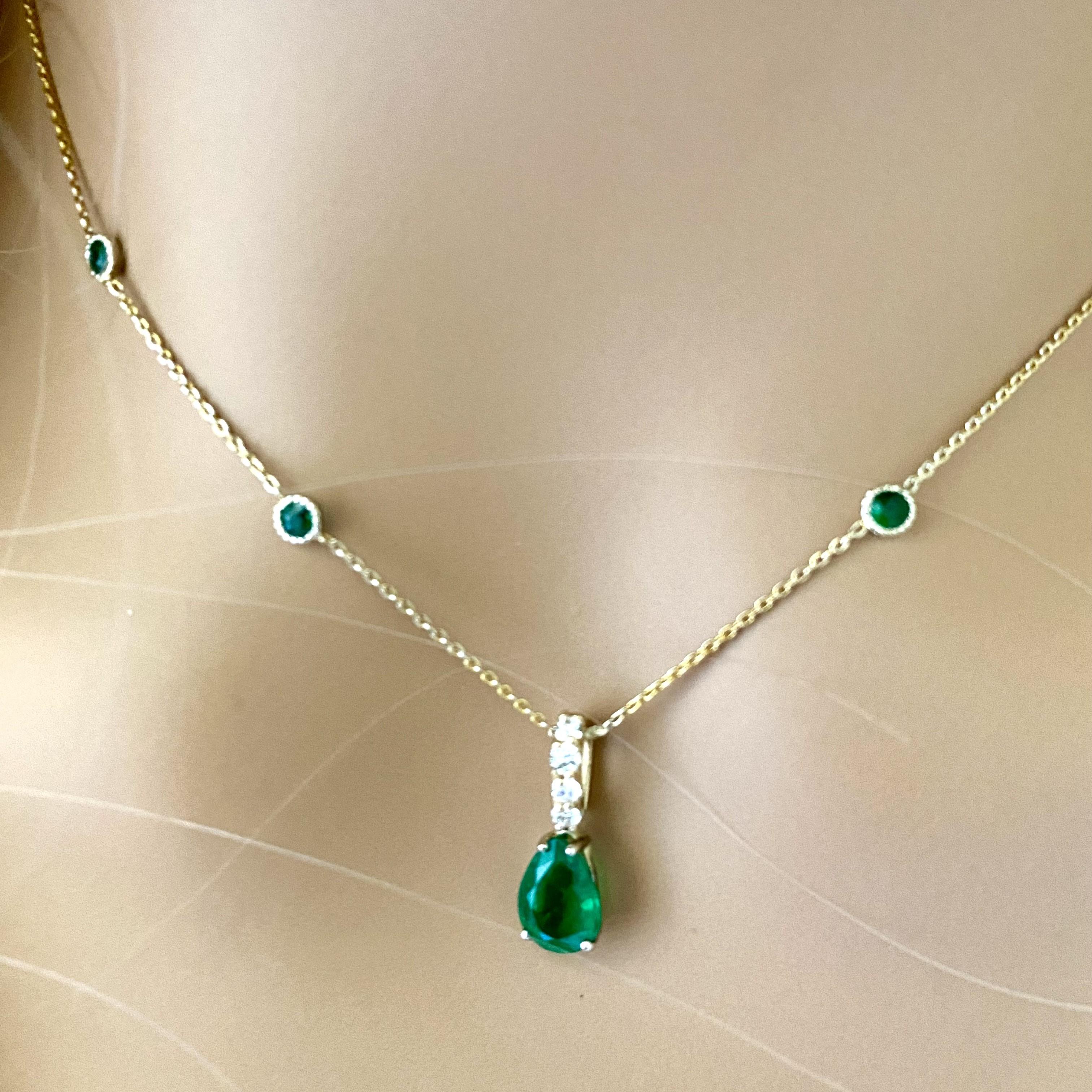 Pear Shaped Emerald Drop Diamond Bail Bezel Emerald Stations Necklace Pendant 2