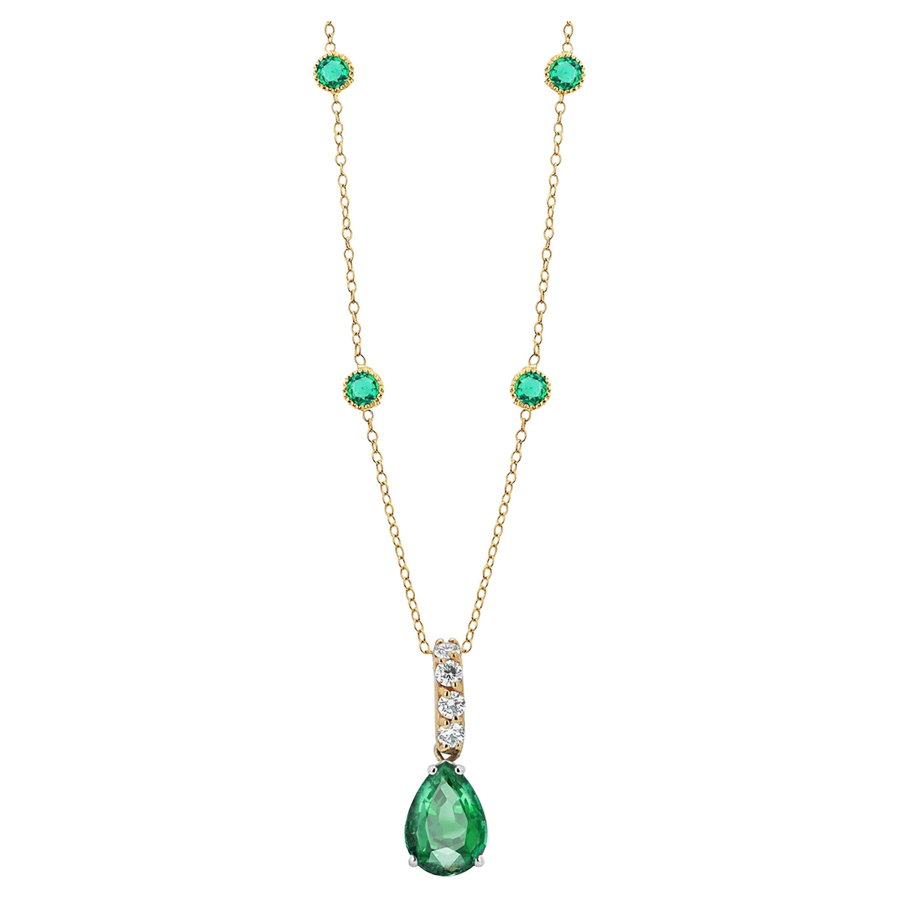 Pear Shaped Emerald Drop Diamond Bail Bezel Emerald Stations Necklace Pendant