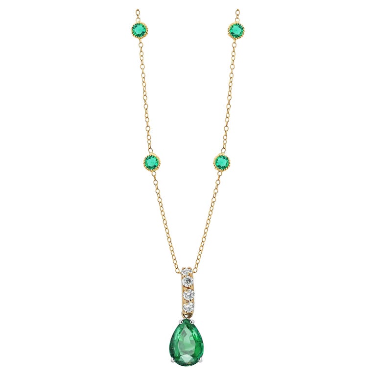 Pear Shaped Emerald Drop Diamond Bail Bezel Emerald Stations Necklace ...