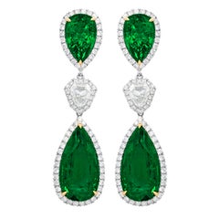 Diana M. Pear Shaped Emerald Drop Earrings with White Round Diamonds