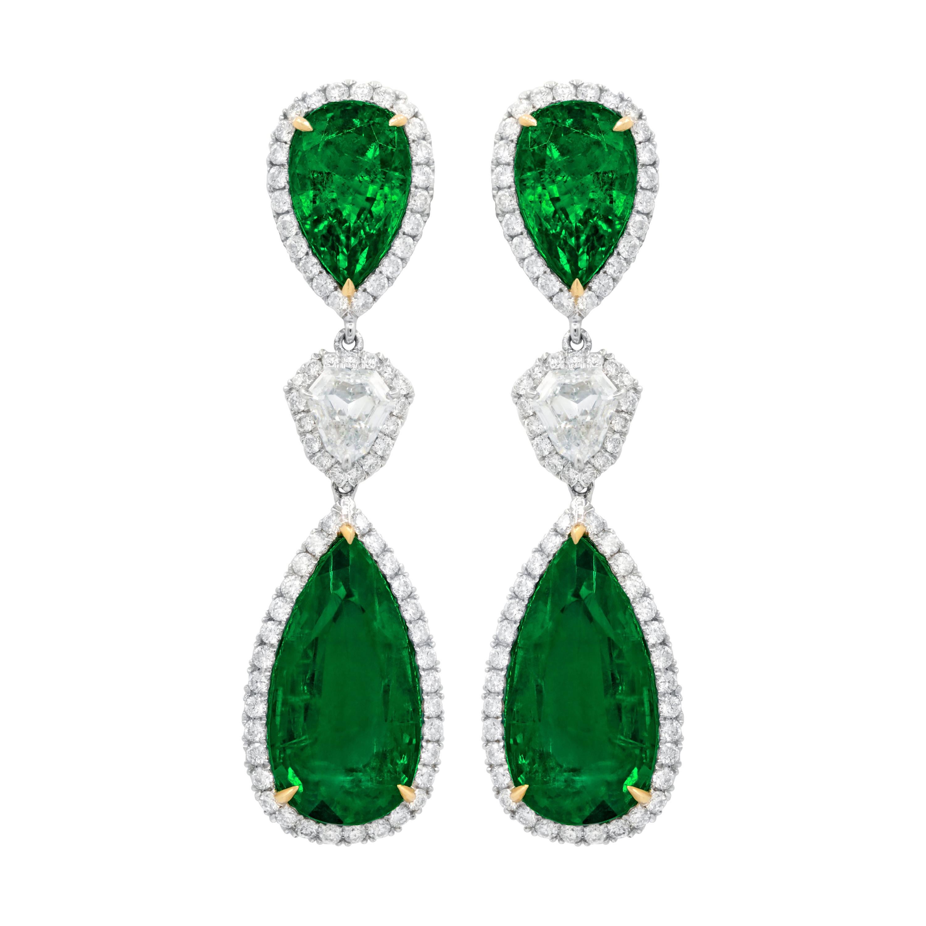 Diana M. Pear Shaped Emerald Drop Earrings with White Round Diamonds