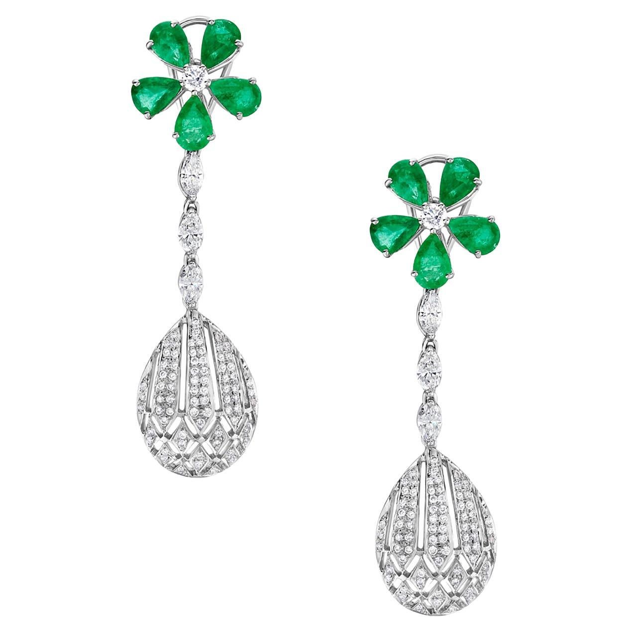 Pear Shaped Emerald Earring Set in Flower Shape with Pave Diamonds in White Gold