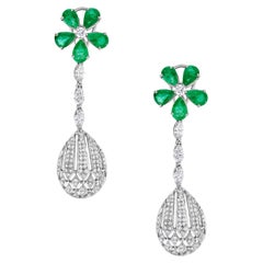 Pear Shaped Emerald Earring Set in Flower Shape with Pave Diamonds in White Gold