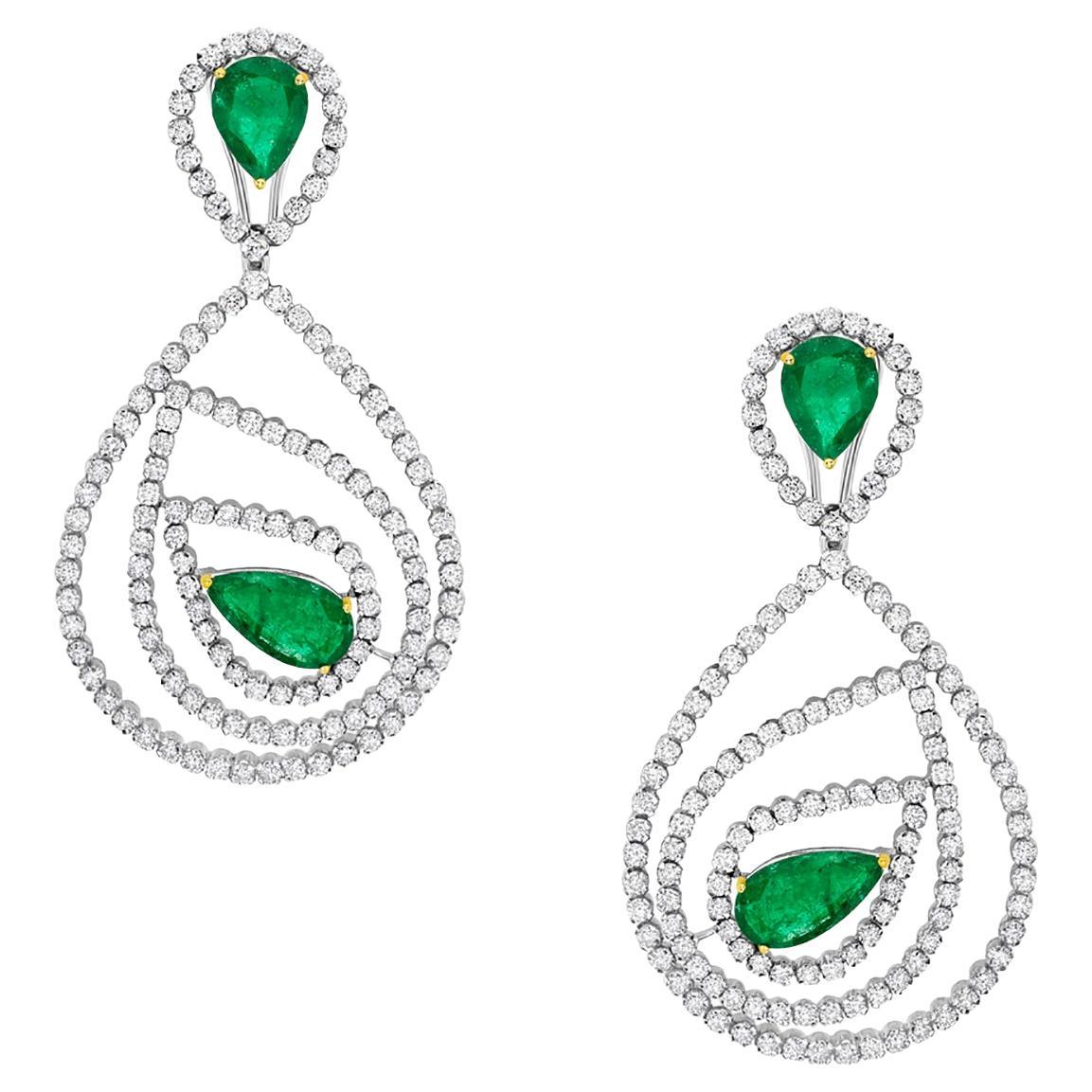 Pear Shaped Emerald Earrings Caged in Diamonds Made in 18k White Gold For Sale