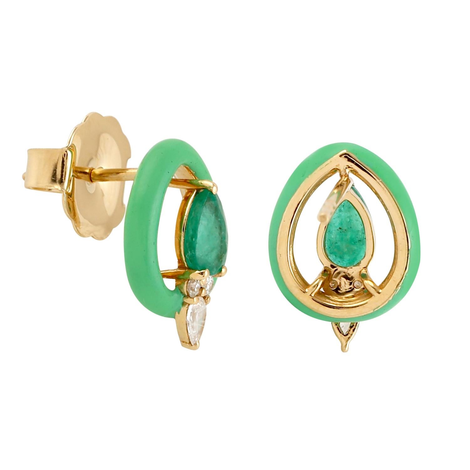 Artisan Pear Shaped Emerald & Enamel Stud Earrings With Diamonds Made In 18k Yellow Gold For Sale