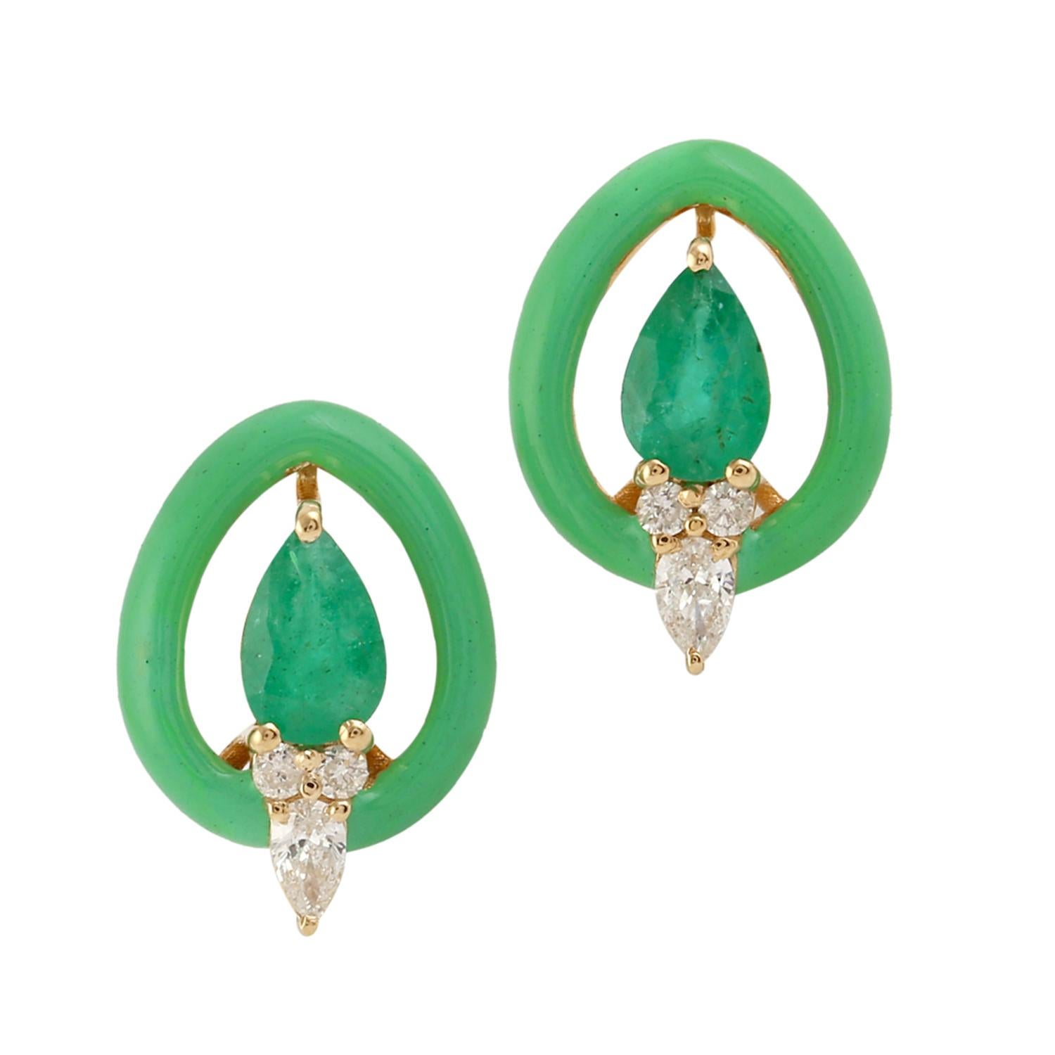 Mixed Cut Pear Shaped Emerald & Enamel Stud Earrings With Diamonds Made In 18k Yellow Gold For Sale
