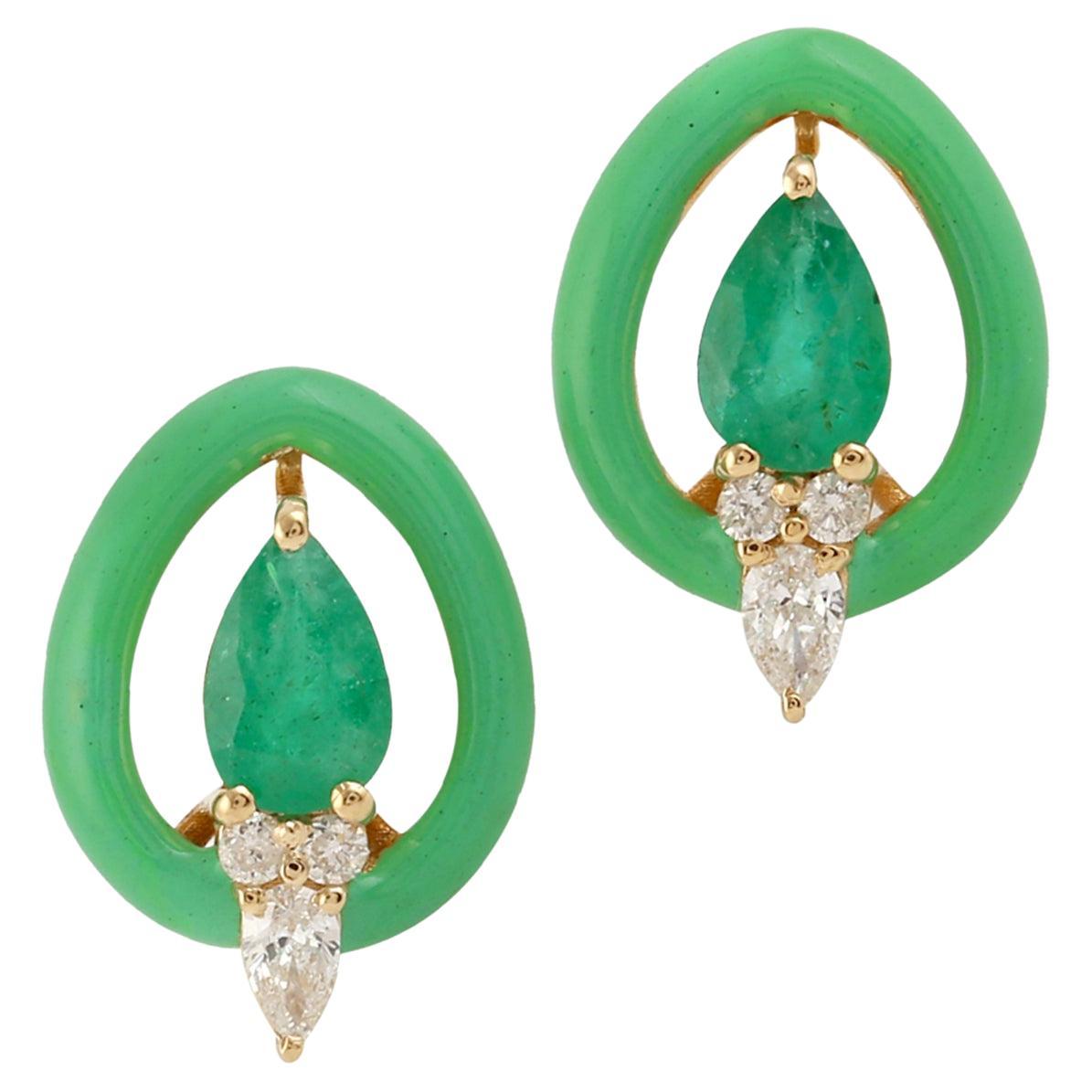 Pear Shaped Emerald & Enamel Stud Earrings With Diamonds Made In 18k Yellow Gold