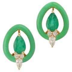 Pear Shaped Emerald & Enamel Stud Earrings With Diamonds Made In 18k Yellow Gold