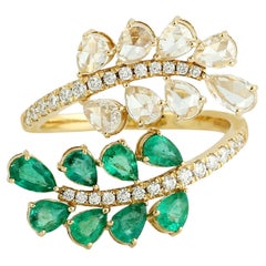 Pear Shaped Emerald & Ice Diamonds Ring With Pave Diamonds In 18k Yellow Gold