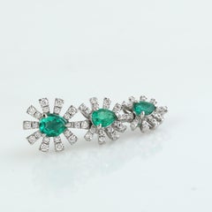 Pear Shaped Emerald & Pave Diamonds Dangle Earrings Made In 18k White Gold