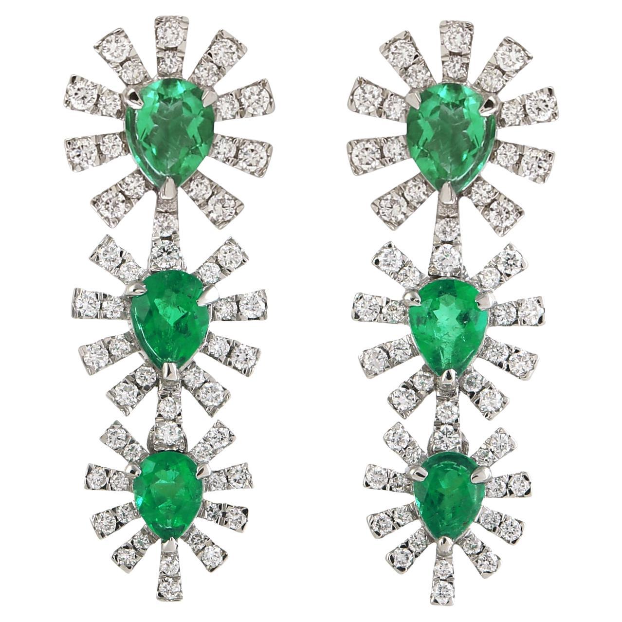 Pear Shaped Emerald & Pave Diamonds Dangle Earrings Made In 18k White Gold For Sale