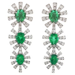 Pear Shaped Emerald & Pave Diamonds Dangle Earrings Made In 18k White Gold