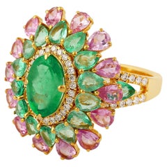 Pear Shaped Emerald & Sapphire Cocktail Ring Accented With Center Emerald