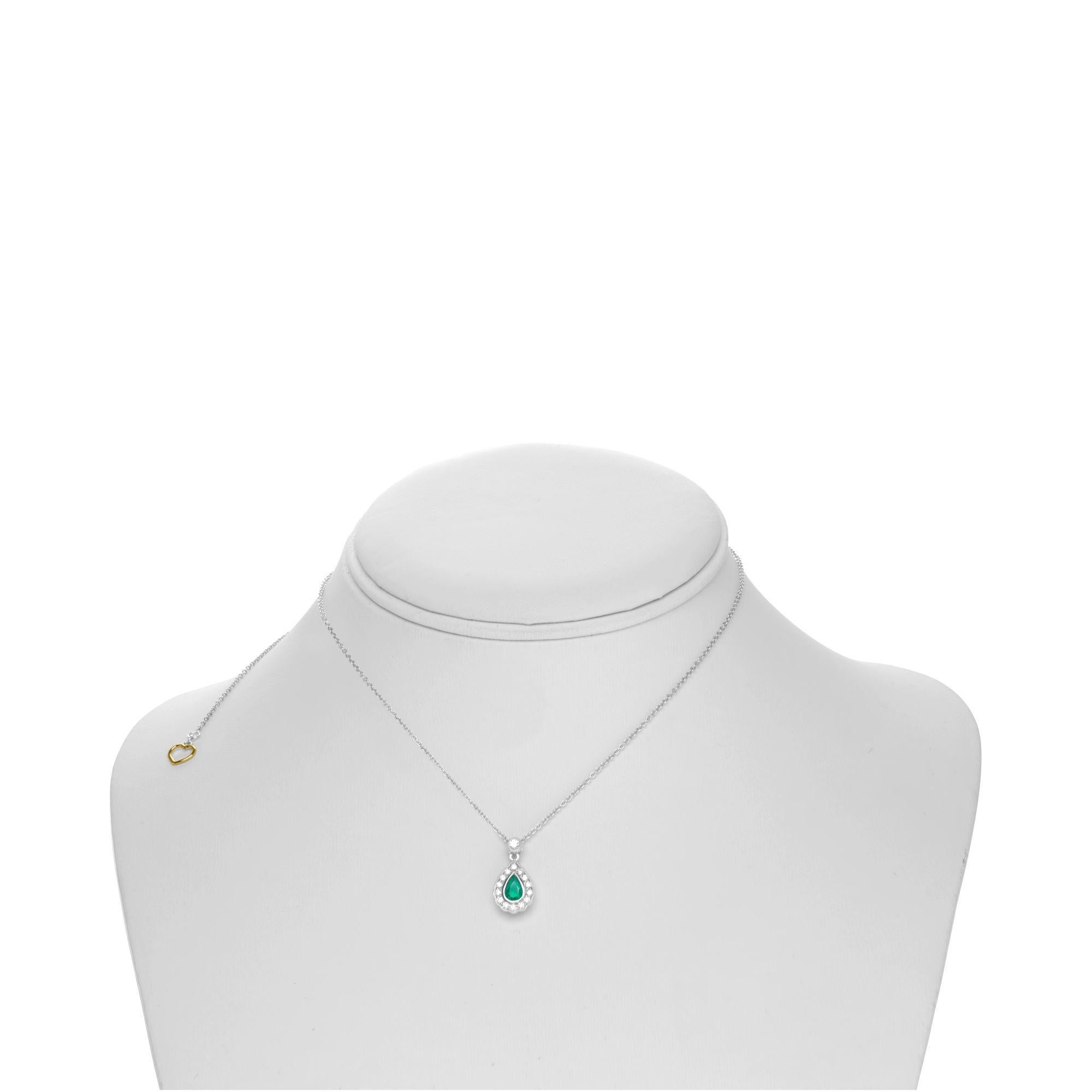 Pear Cut Pear-Shaped Emerald, White Diamond, and 18 Karat White Gold Halo Necklace For Sale