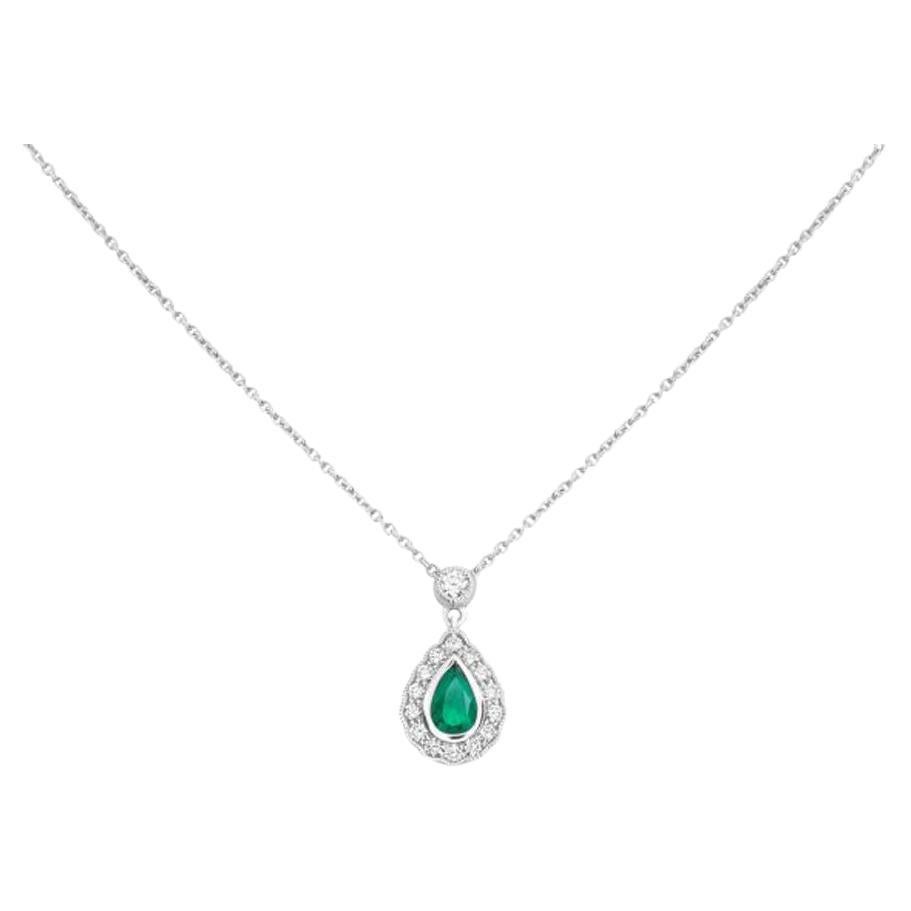 Pear-Shaped Emerald, White Diamond, and 18 Karat White Gold Halo Necklace For Sale
