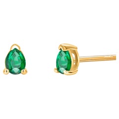 Pear Shaped Emerald Yellow Gold Mini Stud Earrings Second or Third Hole 