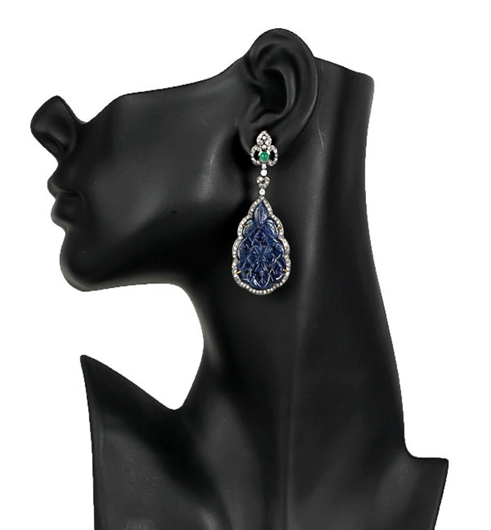 Art Nouveau Pear Shaped Carved Blue Sapphire Dangle Earrings with Emerald & Diamonds For Sale