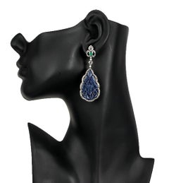 Pear Shaped Carved Blue Sapphire Dangle Earrings with Emerald & Diamonds
