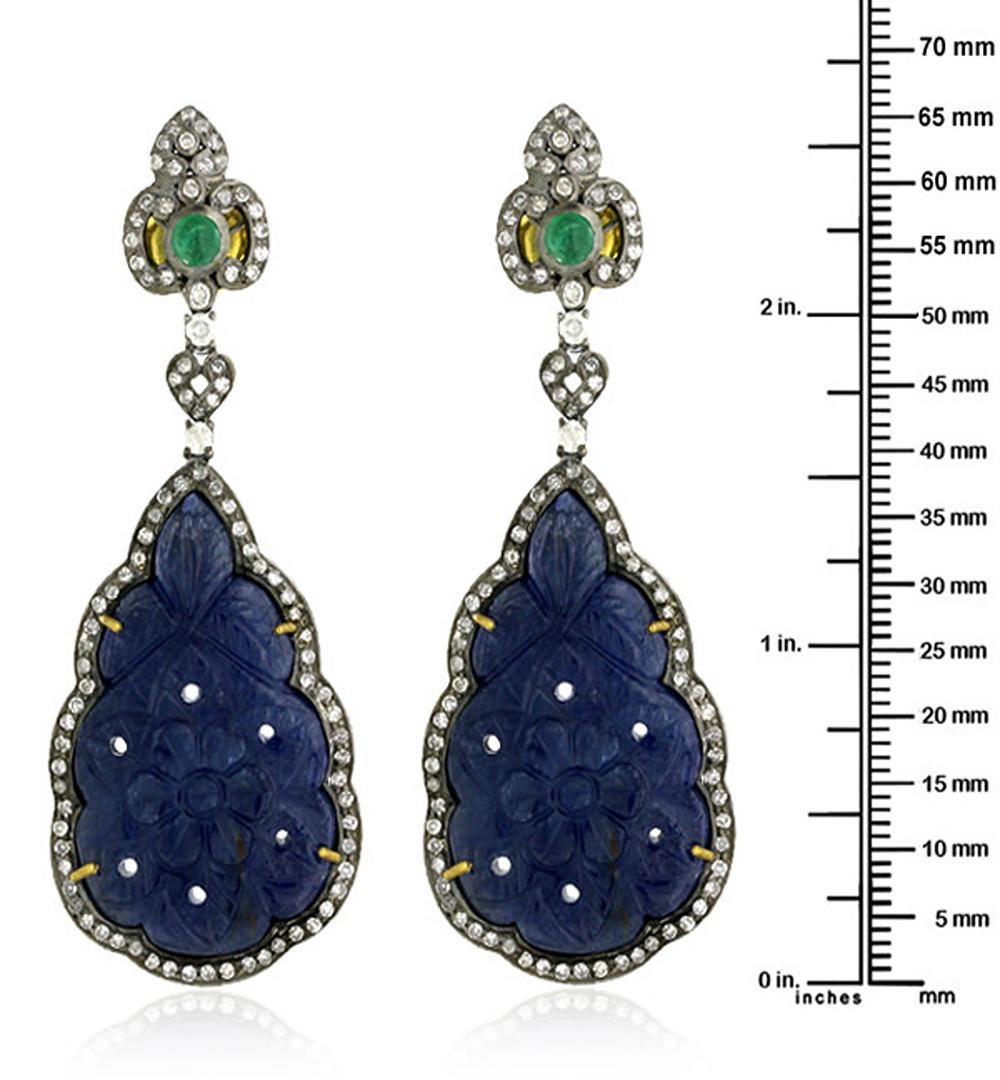 Mixed Cut Pear Shaped Carved Blue Sapphire Dangle Earrings with Emerald & Diamonds For Sale