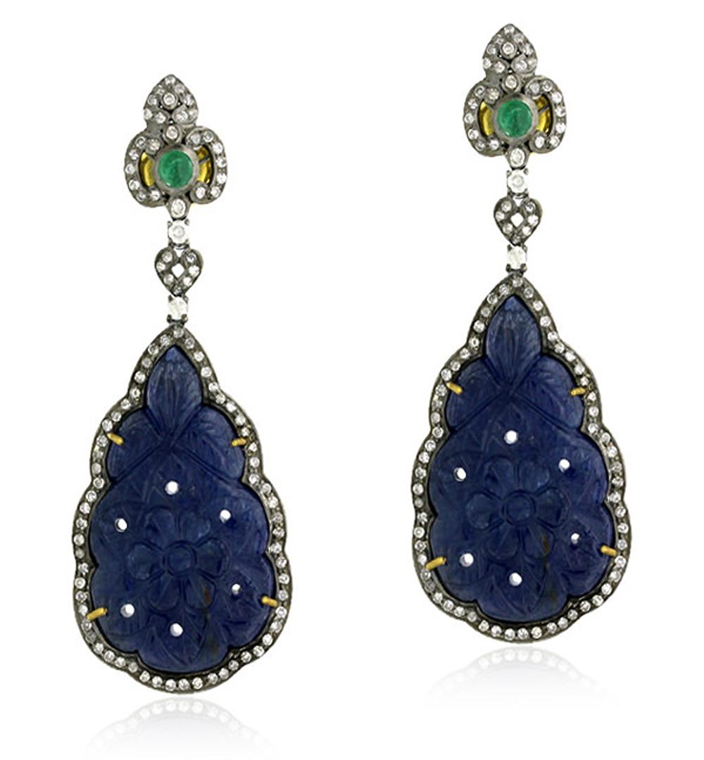 Pear Shaped Carved Blue Sapphire Dangle Earrings with Emerald & Diamonds In New Condition For Sale In New York, NY