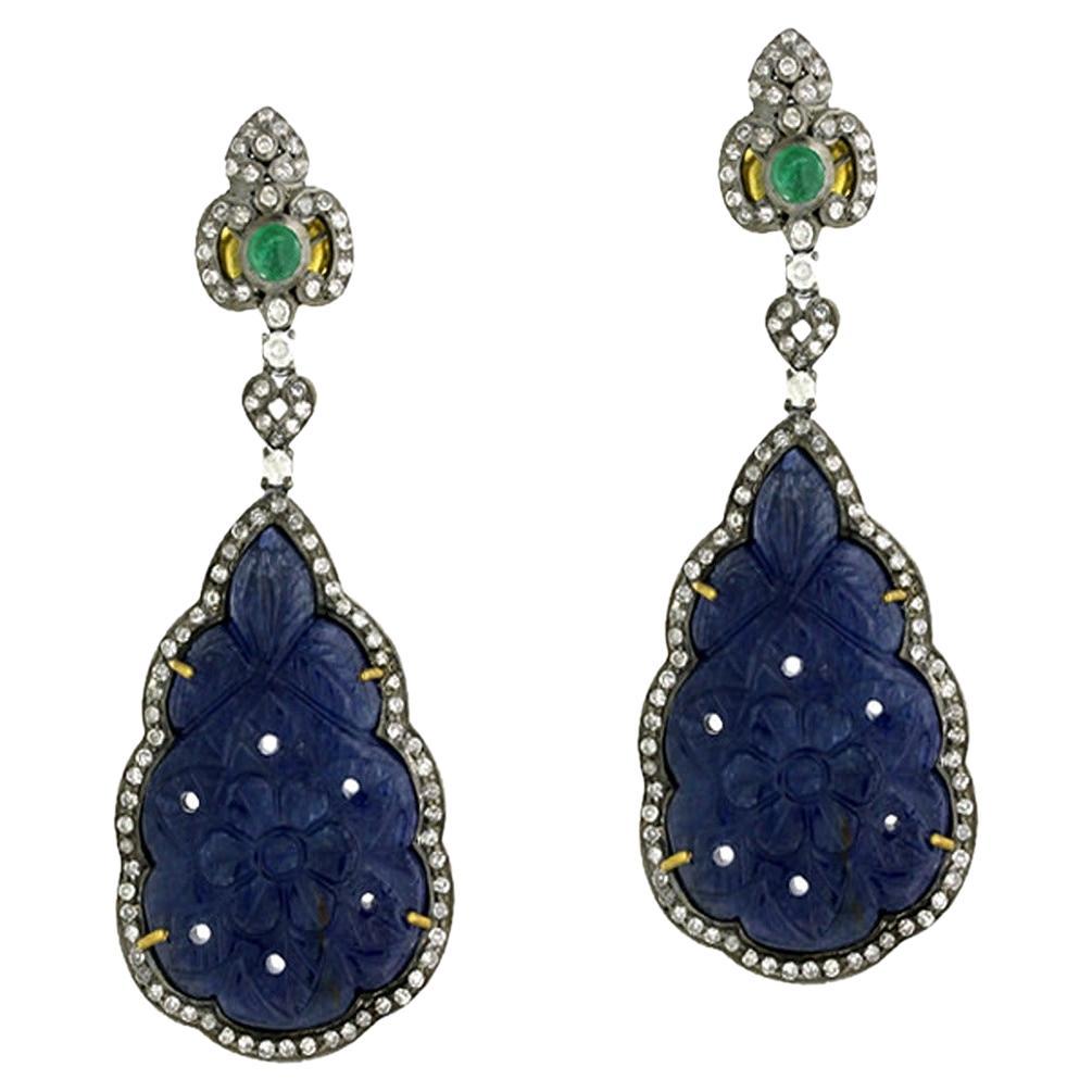 Pear Shaped Carved Blue Sapphire Dangle Earrings with Emerald & Diamonds For Sale