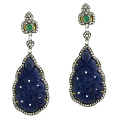 Pear Shaped Carved Blue Sapphire Dangle Earrings with Emerald & Diamonds