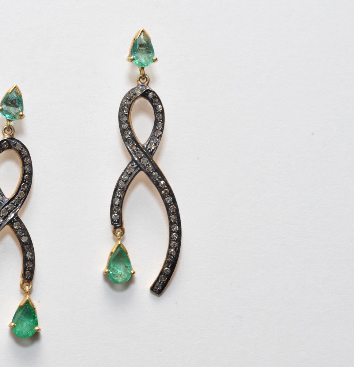 Women's or Men's Pear-Shaped Faceted Emeralds with Pave Set Diamonds