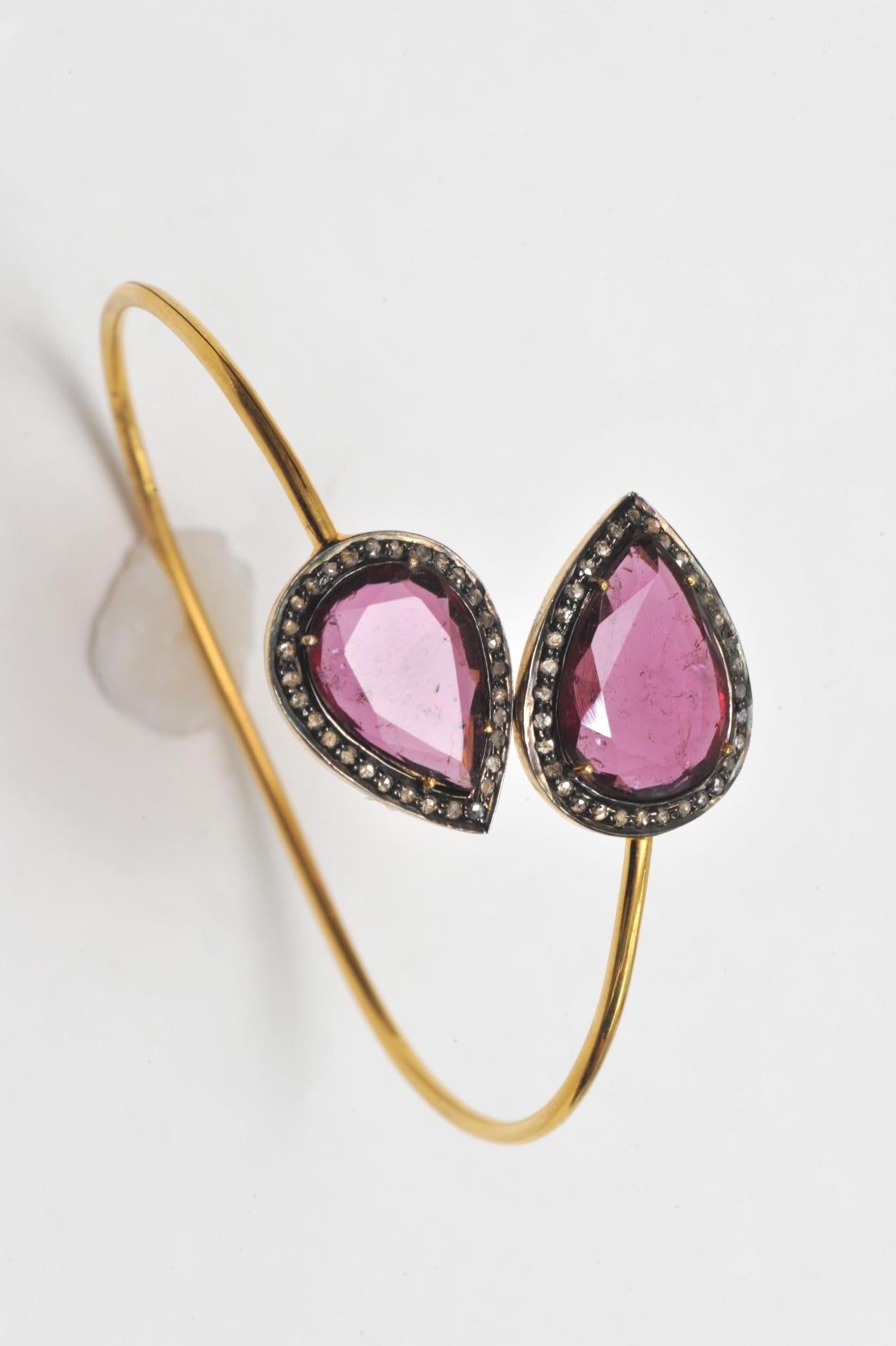 Pear Cut Pear-Shaped Faceted Pink Tourmaline Diamond and 18 Karat Gold Wrap Bracelet