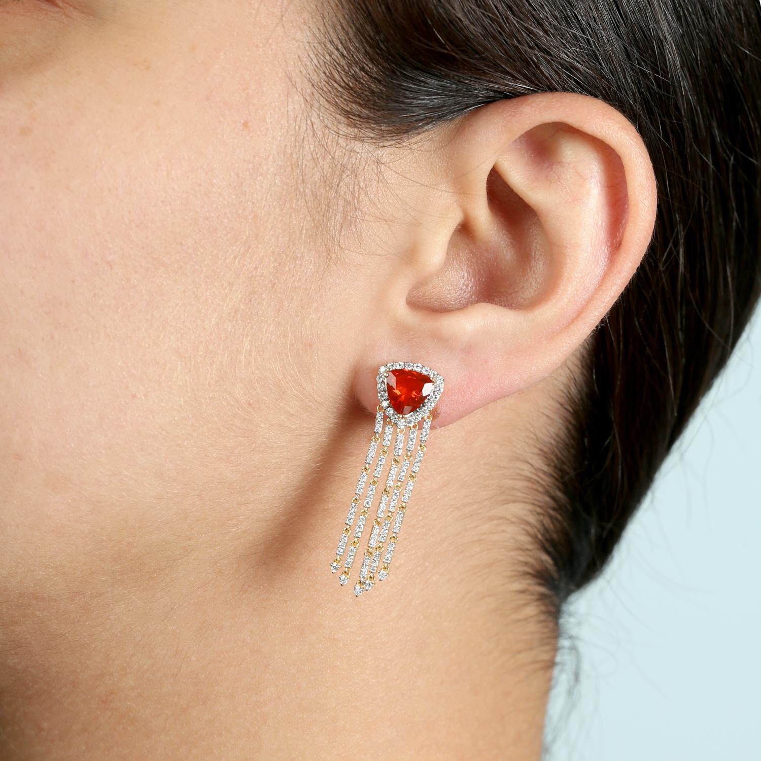 Contemporary Pear Shaped Fire Opal Waterfall Earrings With Diamonds In 18k Yellow Gold For Sale
