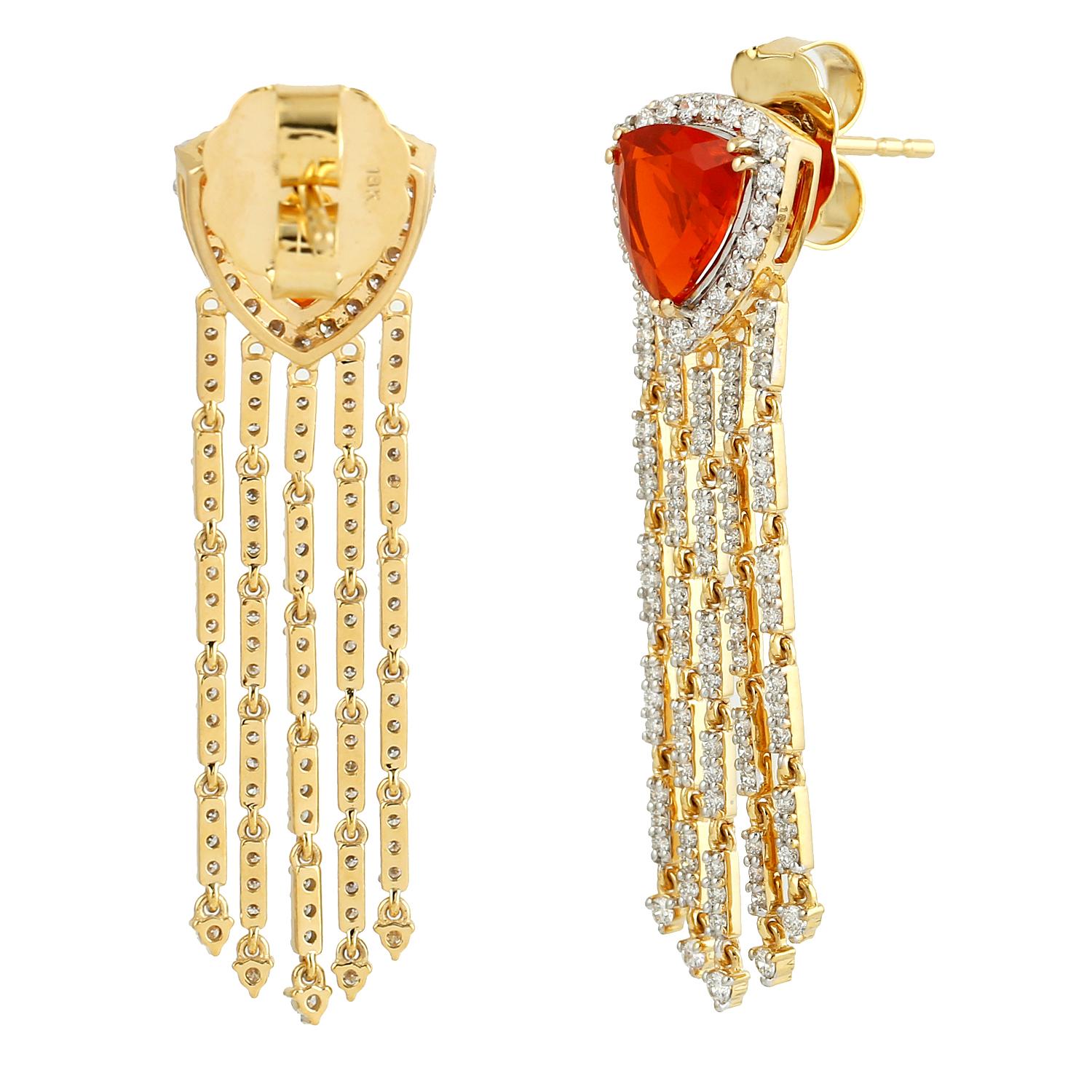 Mixed Cut Pear Shaped Fire Opal Waterfall Earrings With Diamonds In 18k Yellow Gold For Sale